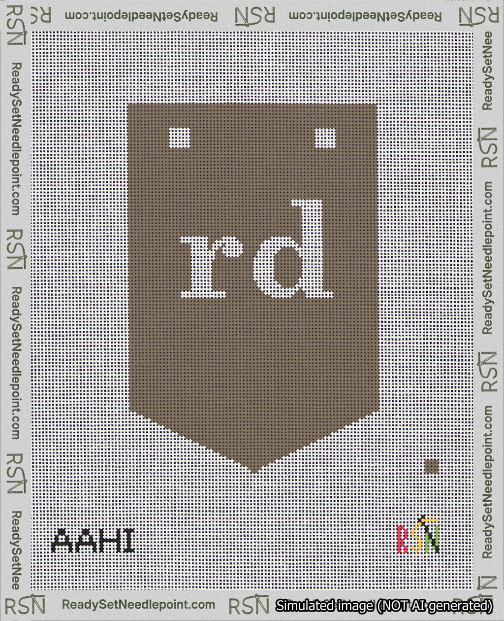 A taped needlepoint canvas with the design: Banner 18 mesh count Pointed rd White on Brown.