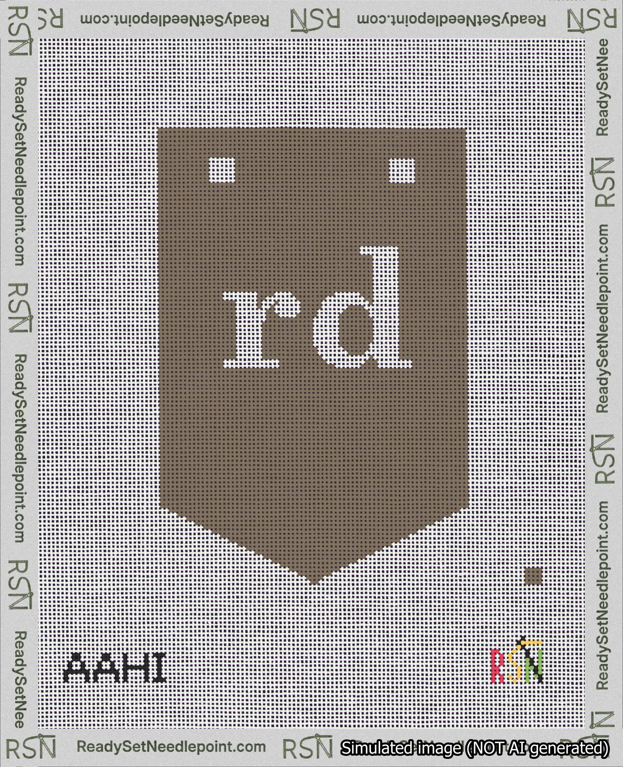 A taped needlepoint canvas with the design: Banner 18 mesh count Pointed rd White on Brown.