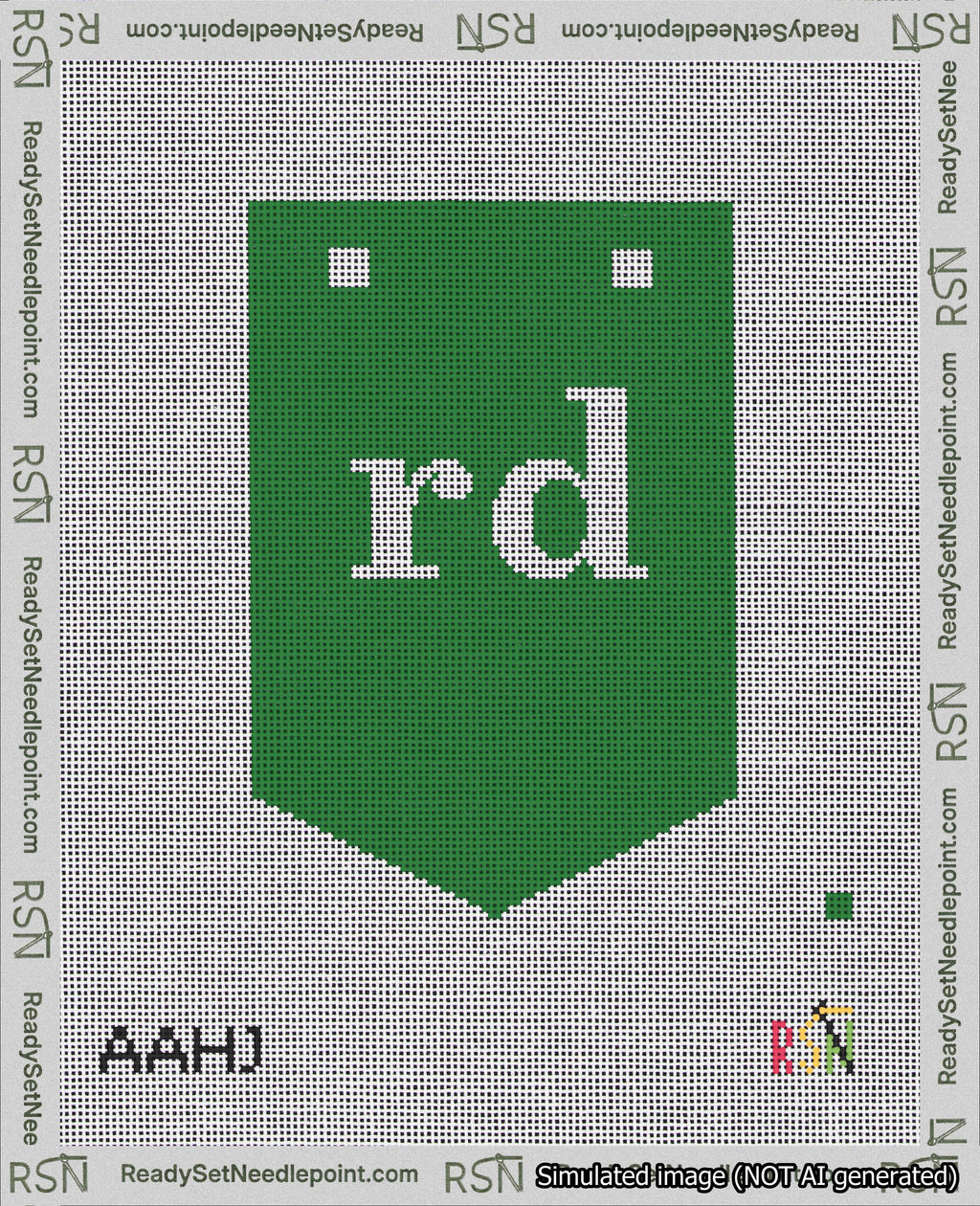A taped needlepoint canvas with the design: Banner 18 mesh count Pointed rd White on Green.