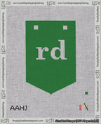 A taped needlepoint canvas with the design: Banner 18 mesh count Pointed rd White on Green.