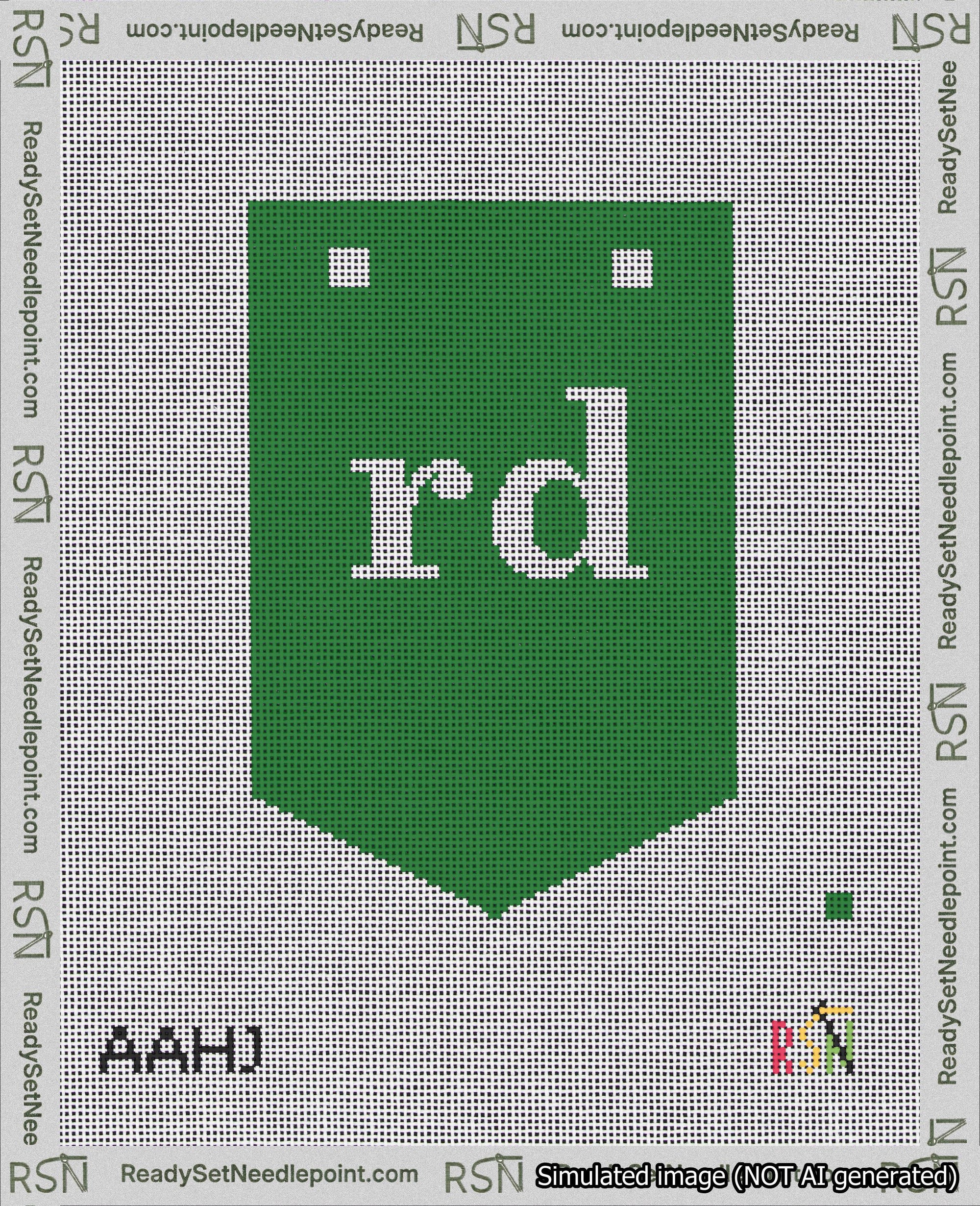 A taped needlepoint canvas with the design: Banner 18 mesh count Pointed rd White on Green.