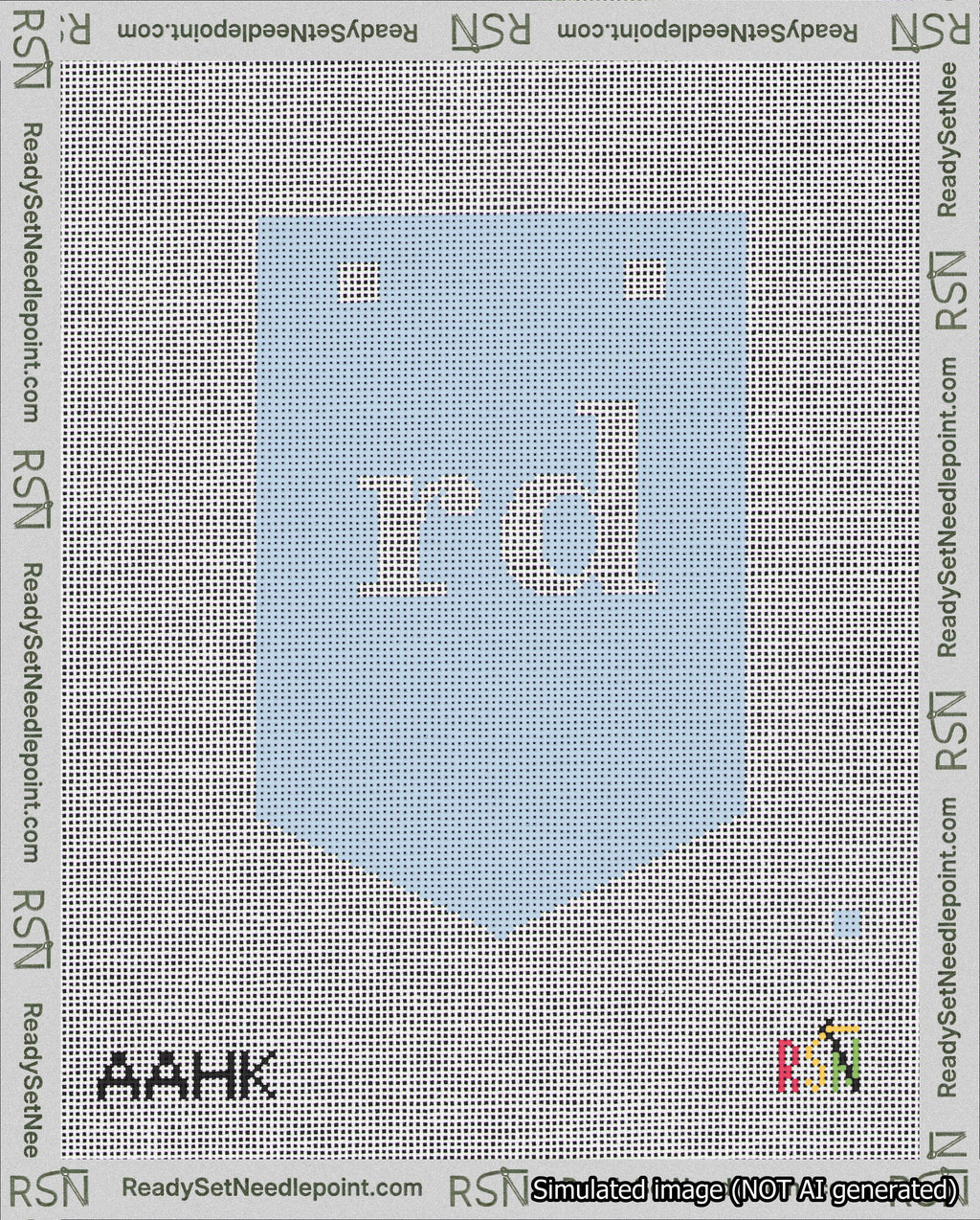 A taped needlepoint canvas with the design: Banner 18 mesh count Pointed rd White on Light Blue.