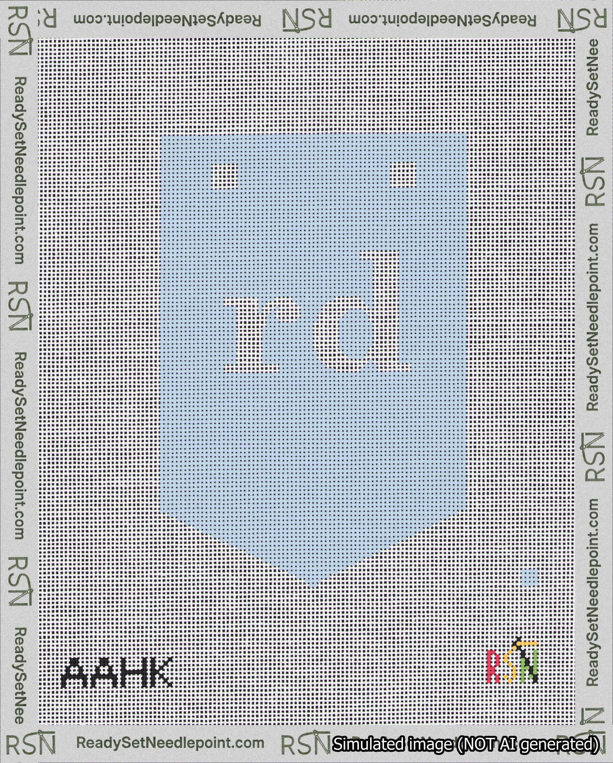 A taped needlepoint canvas with the design: Banner 18 mesh count Pointed rd White on Light Blue.