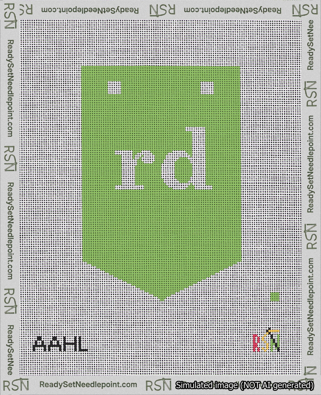 A taped needlepoint canvas with the design: Banner 18 mesh count Pointed rd White on Light Green.
