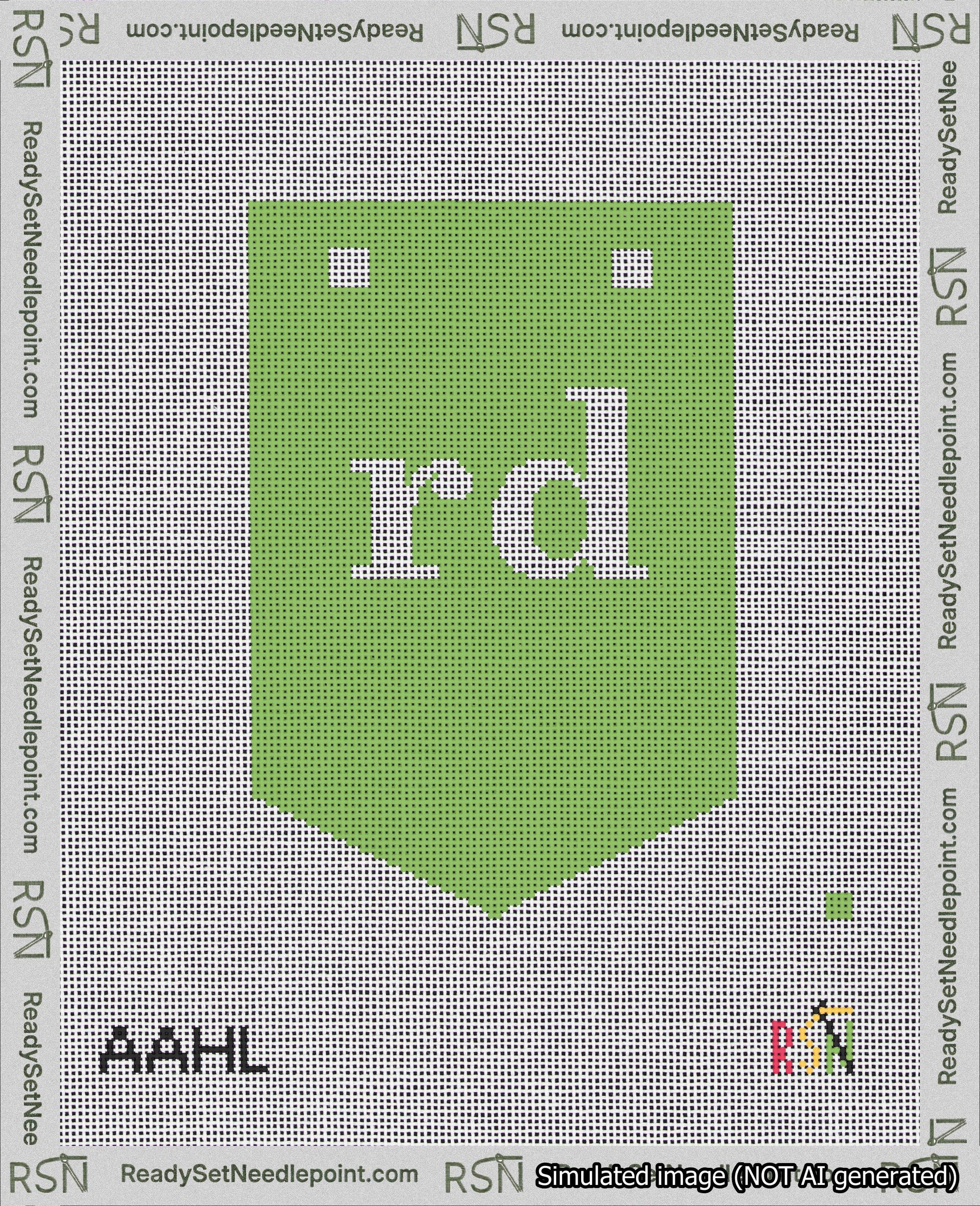 A taped needlepoint canvas with the design: Banner 18 mesh count Pointed rd White on Light Green.