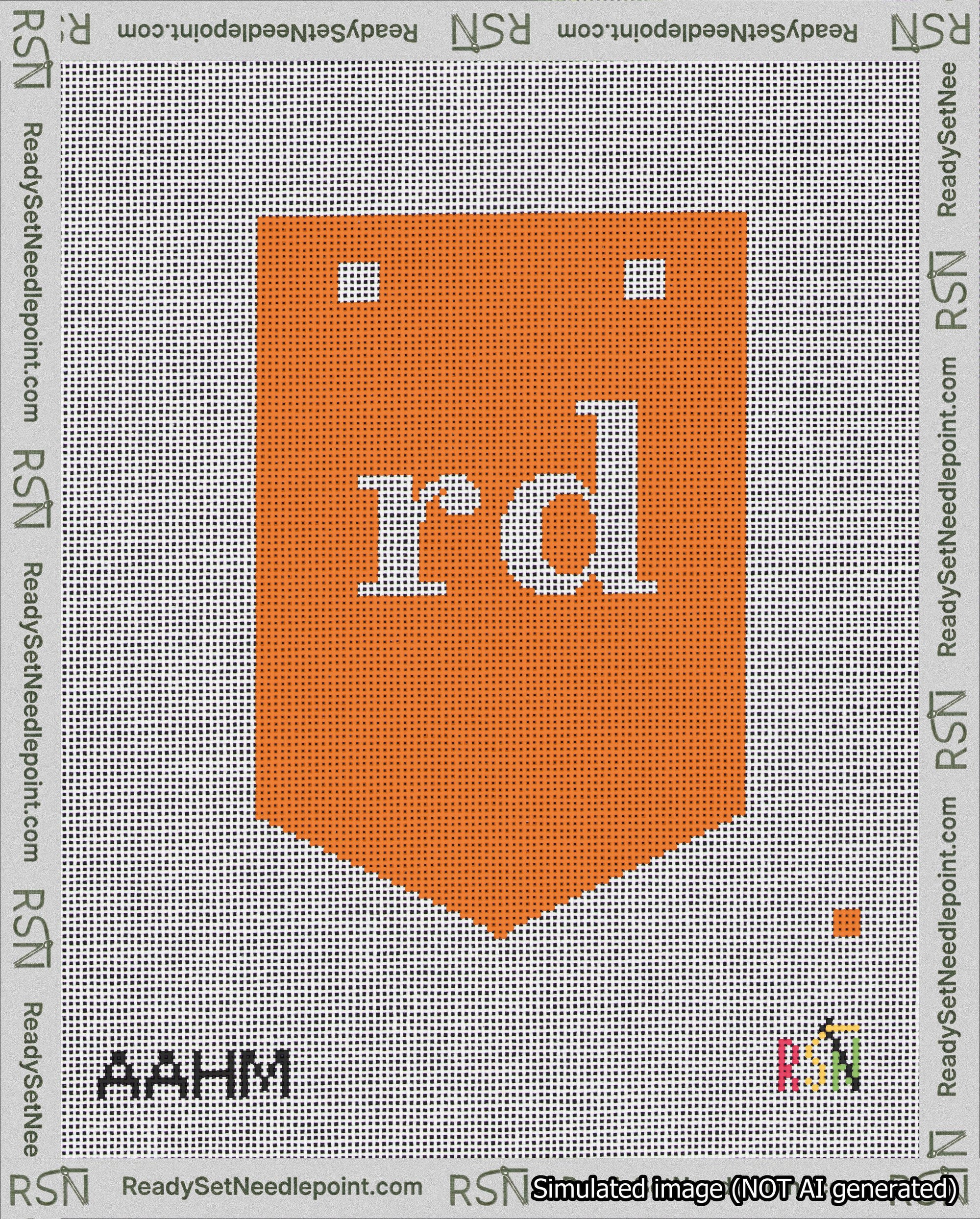 A taped needlepoint canvas with the design: Banner 18 mesh count Pointed rd White on Orange.