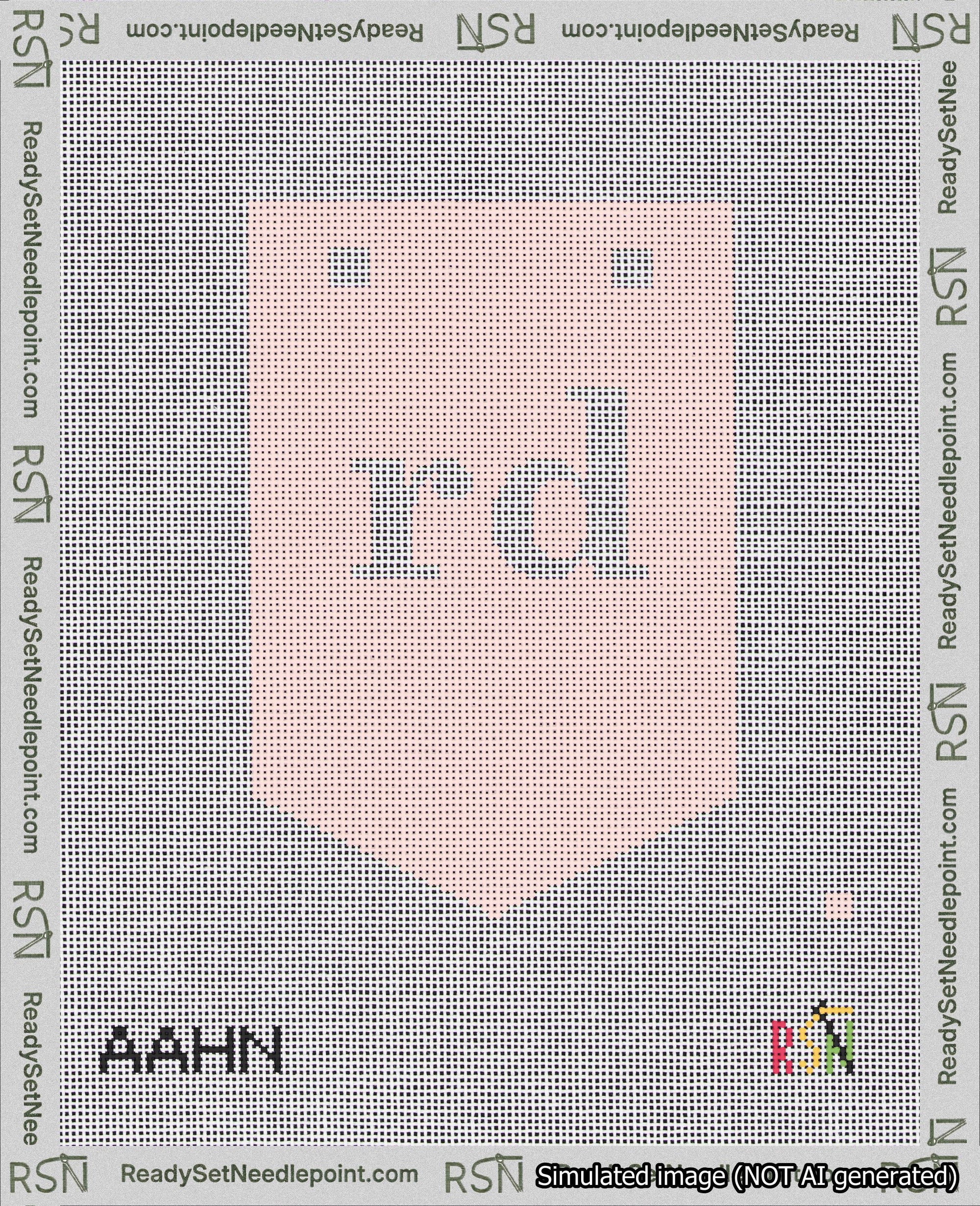 A taped needlepoint canvas with the design: Banner 18 mesh count Pointed rd White on Pink.