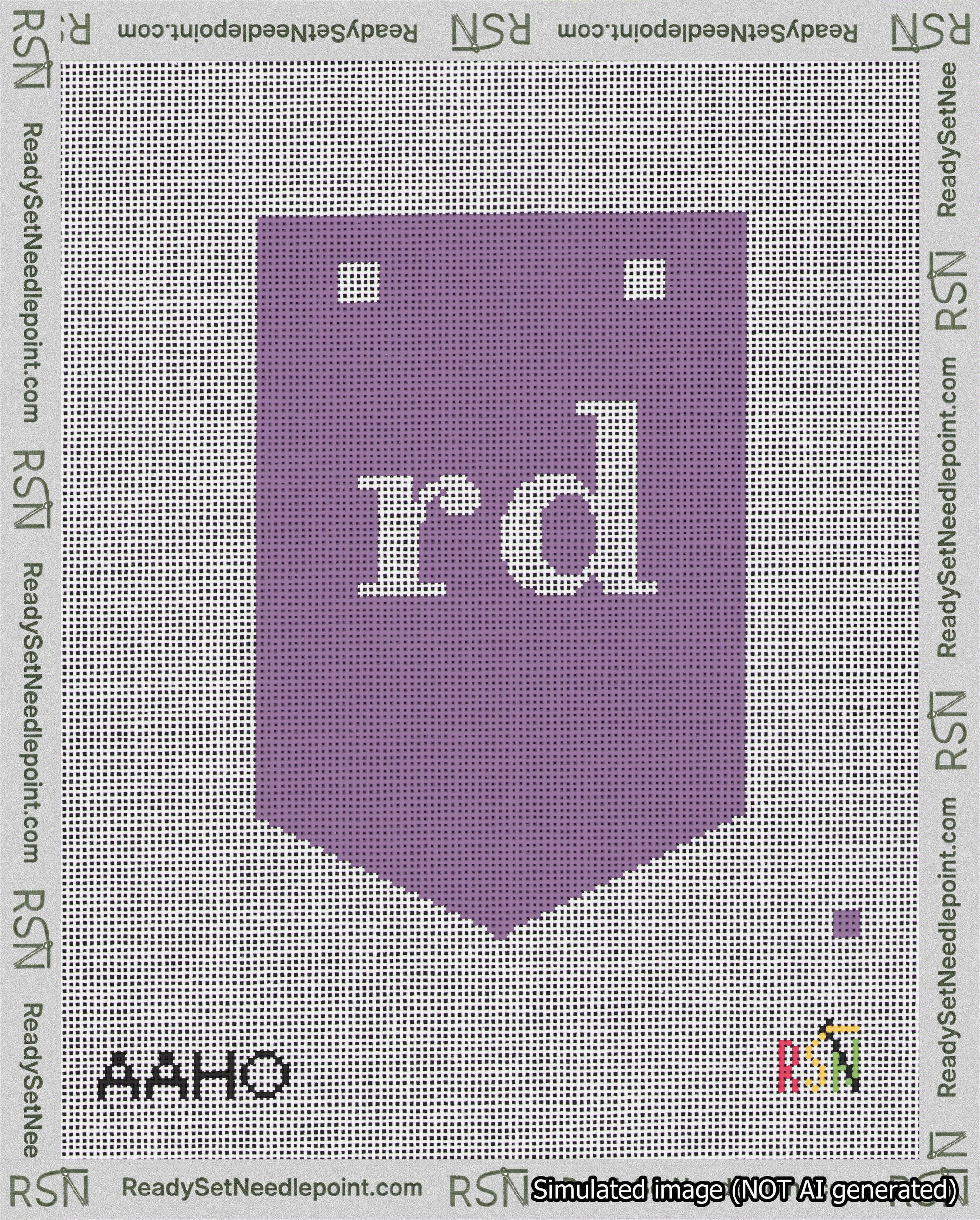 A taped needlepoint canvas with the design: Banner 18 mesh count Pointed rd White on Purple.