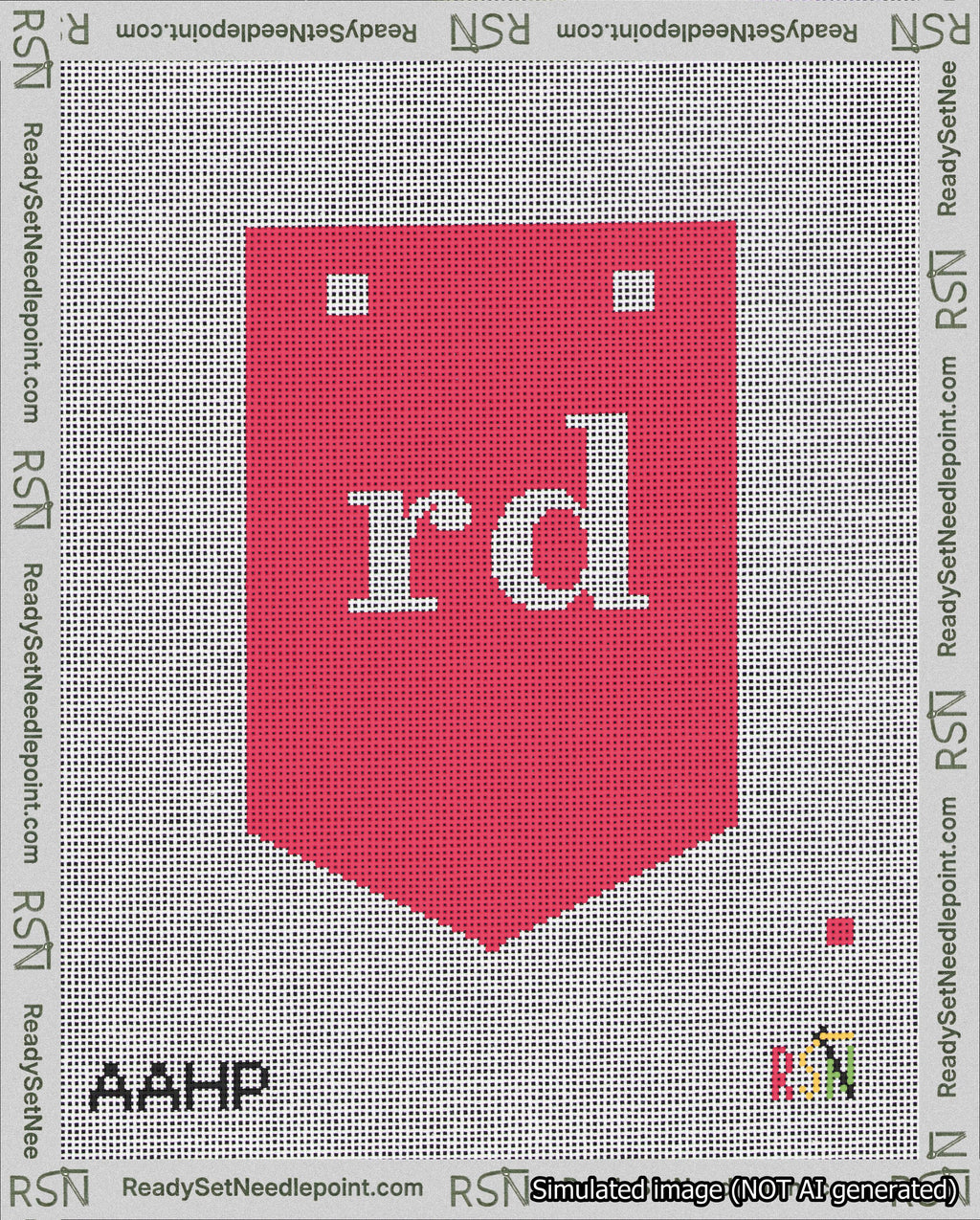 A taped needlepoint canvas with the design: Banner 18 mesh count Pointed rd White on Red.