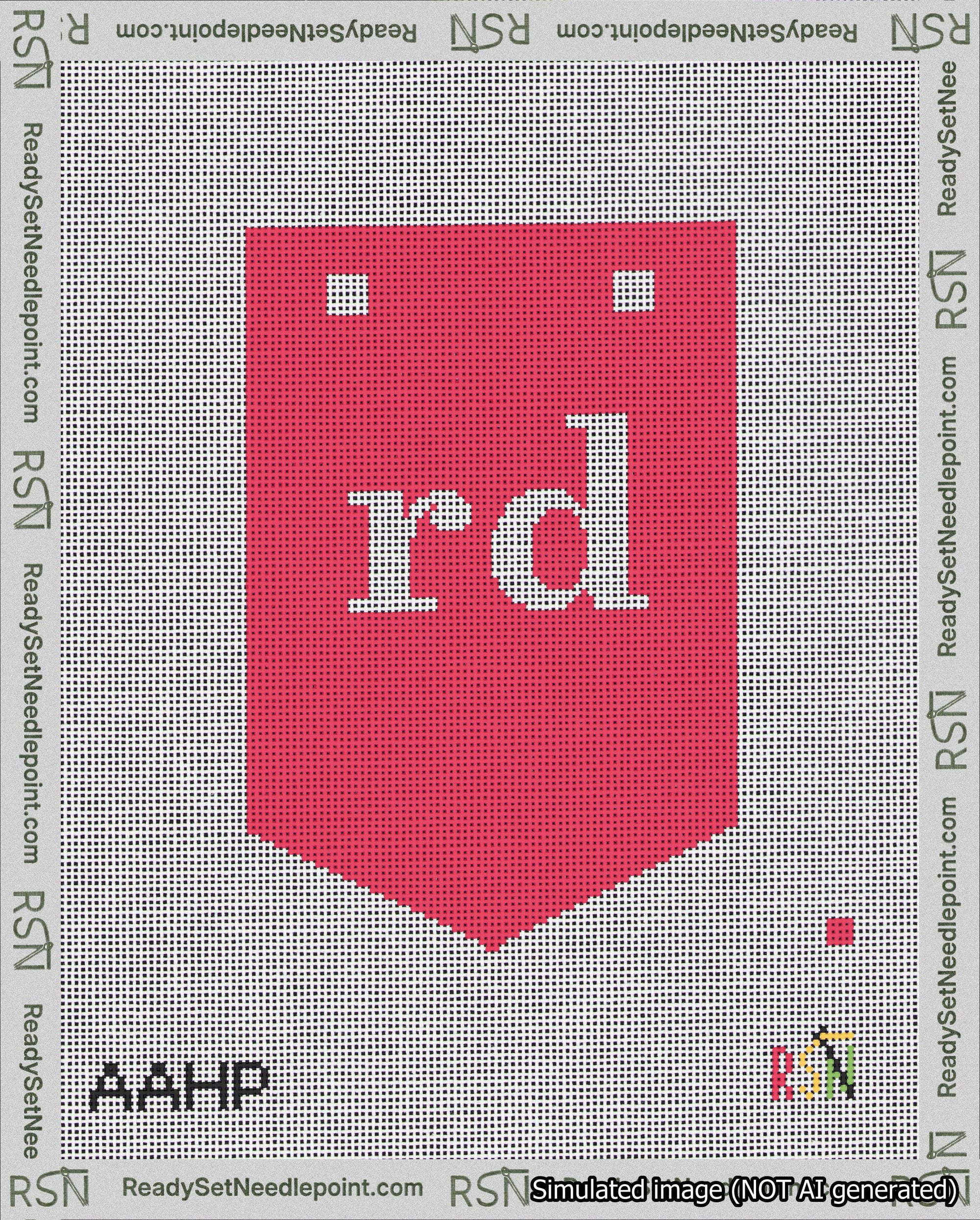 A taped needlepoint canvas with the design: Banner 18 mesh count Pointed rd White on Red.