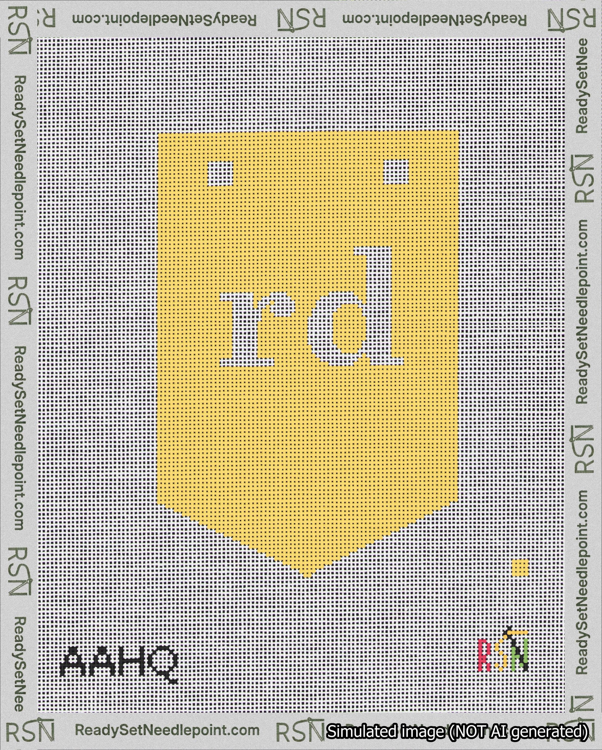 A taped needlepoint canvas with the design: Banner 18 mesh count Pointed rd White on Yellow.