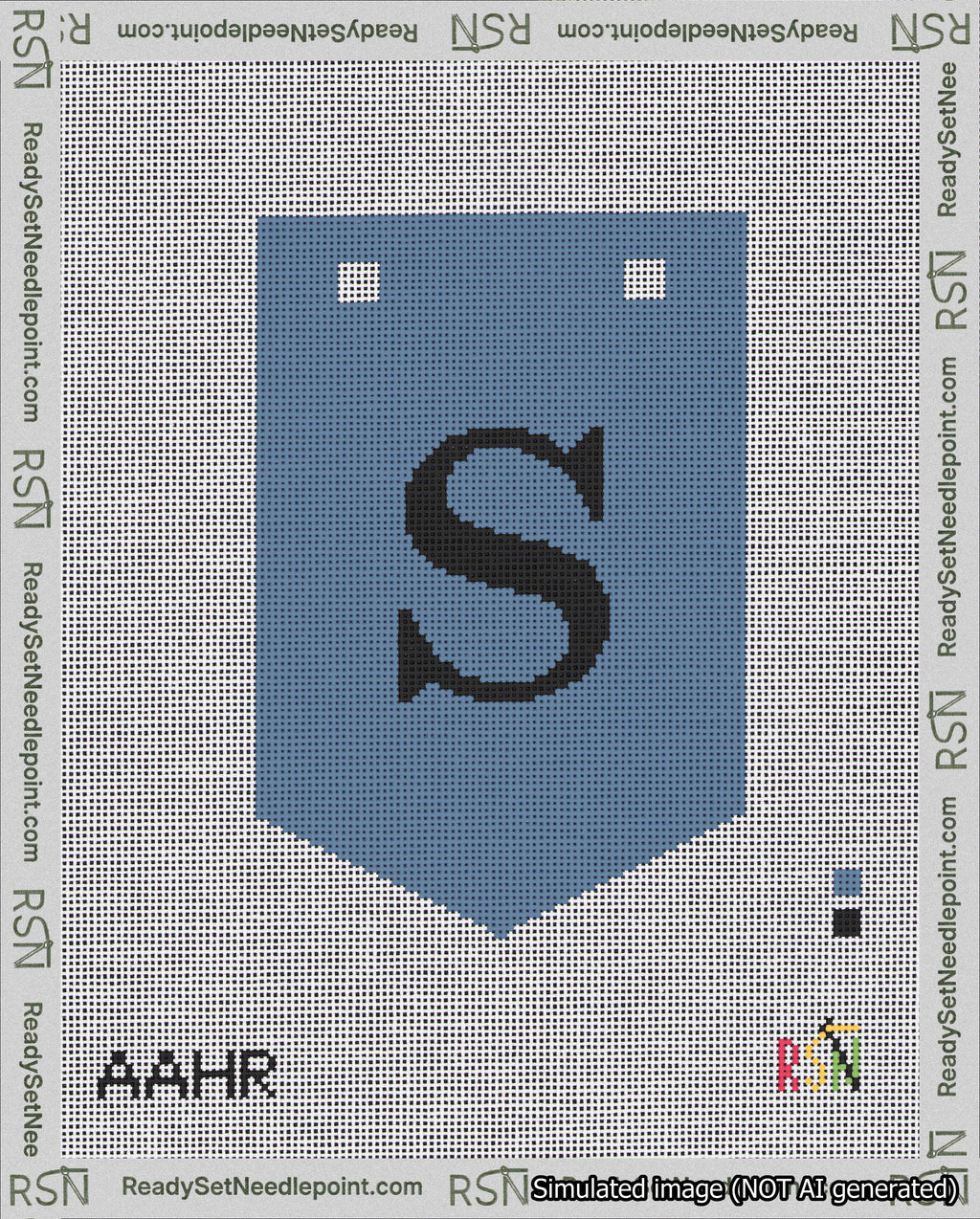 A taped needlepoint canvas with the design: Banner 18 mesh count Pointed S Black on Blue.