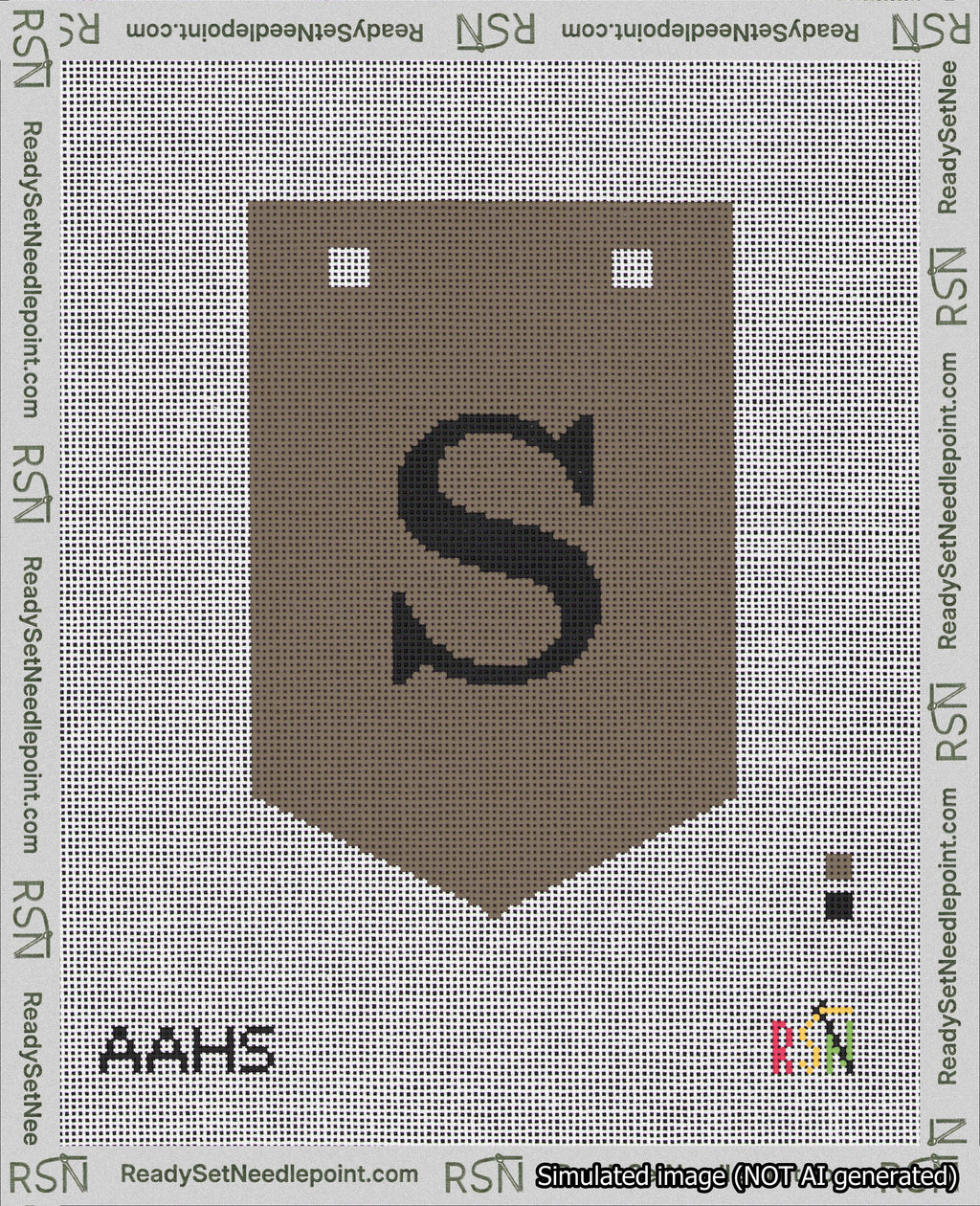 A taped needlepoint canvas with the design: Banner 18 mesh count Pointed S Black on Brown.