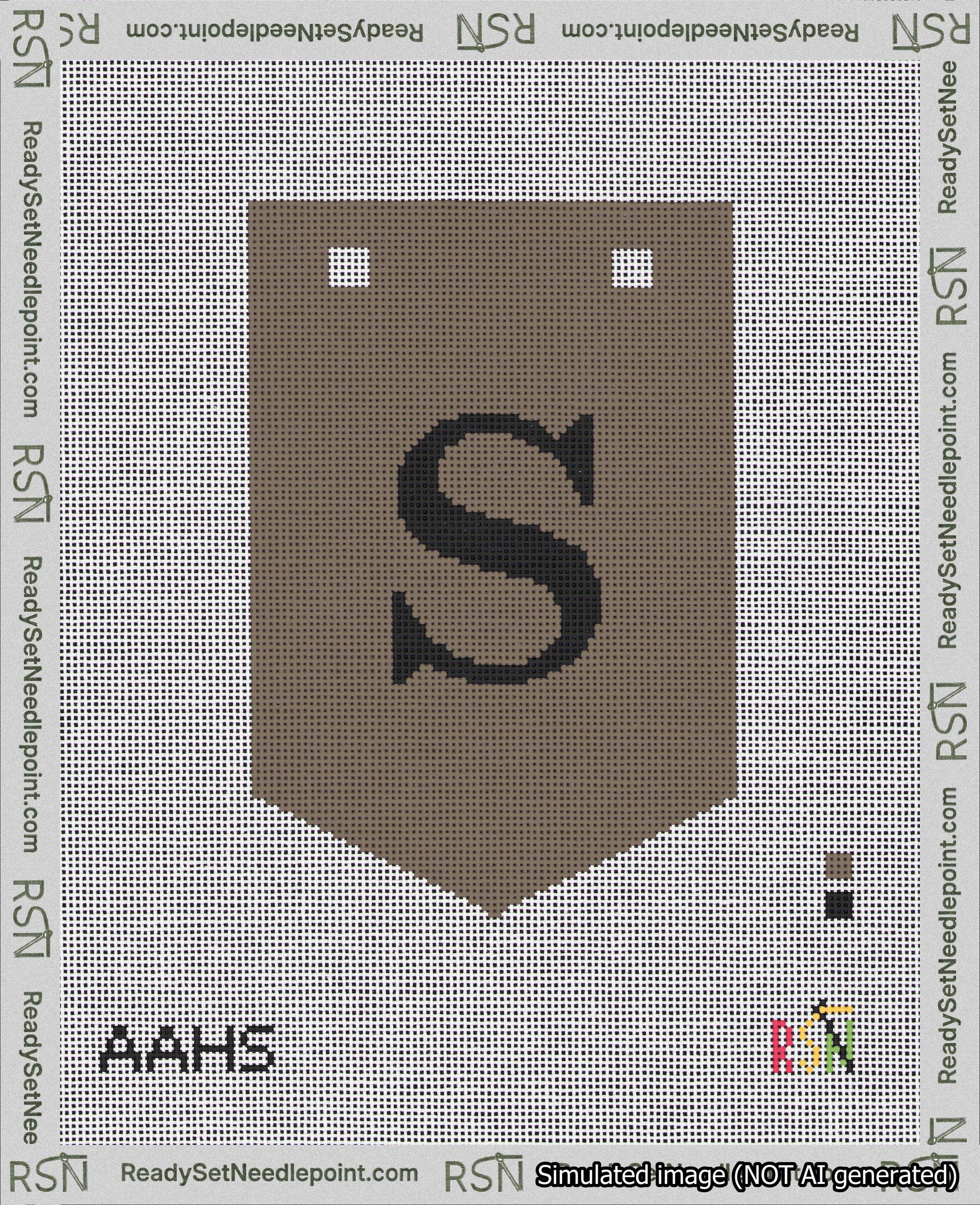 A taped needlepoint canvas with the design: Banner 18 mesh count Pointed S Black on Brown.