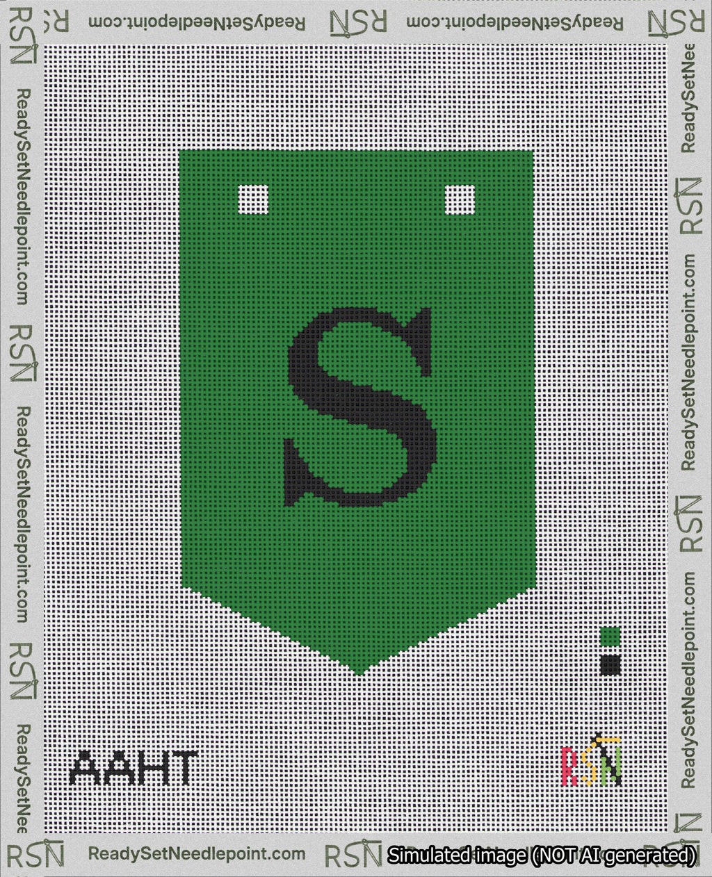 A taped needlepoint canvas with the design: Banner 18 mesh count Pointed S Black on Green.