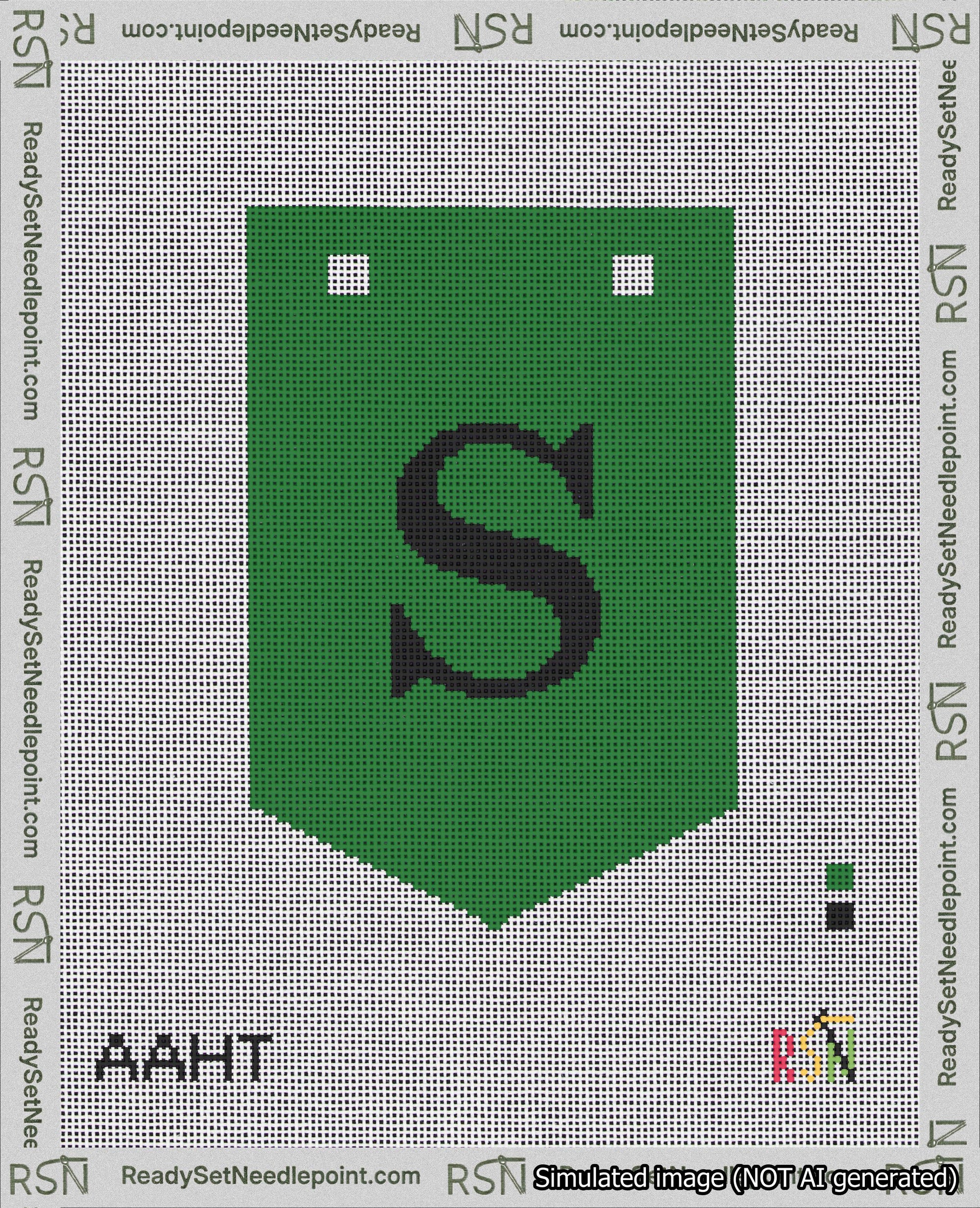 A taped needlepoint canvas with the design: Banner 18 mesh count Pointed S Black on Green.