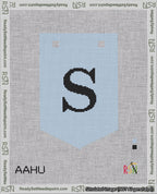 A taped needlepoint canvas with the design: Banner 18 mesh count Pointed S Black on Light Blue.