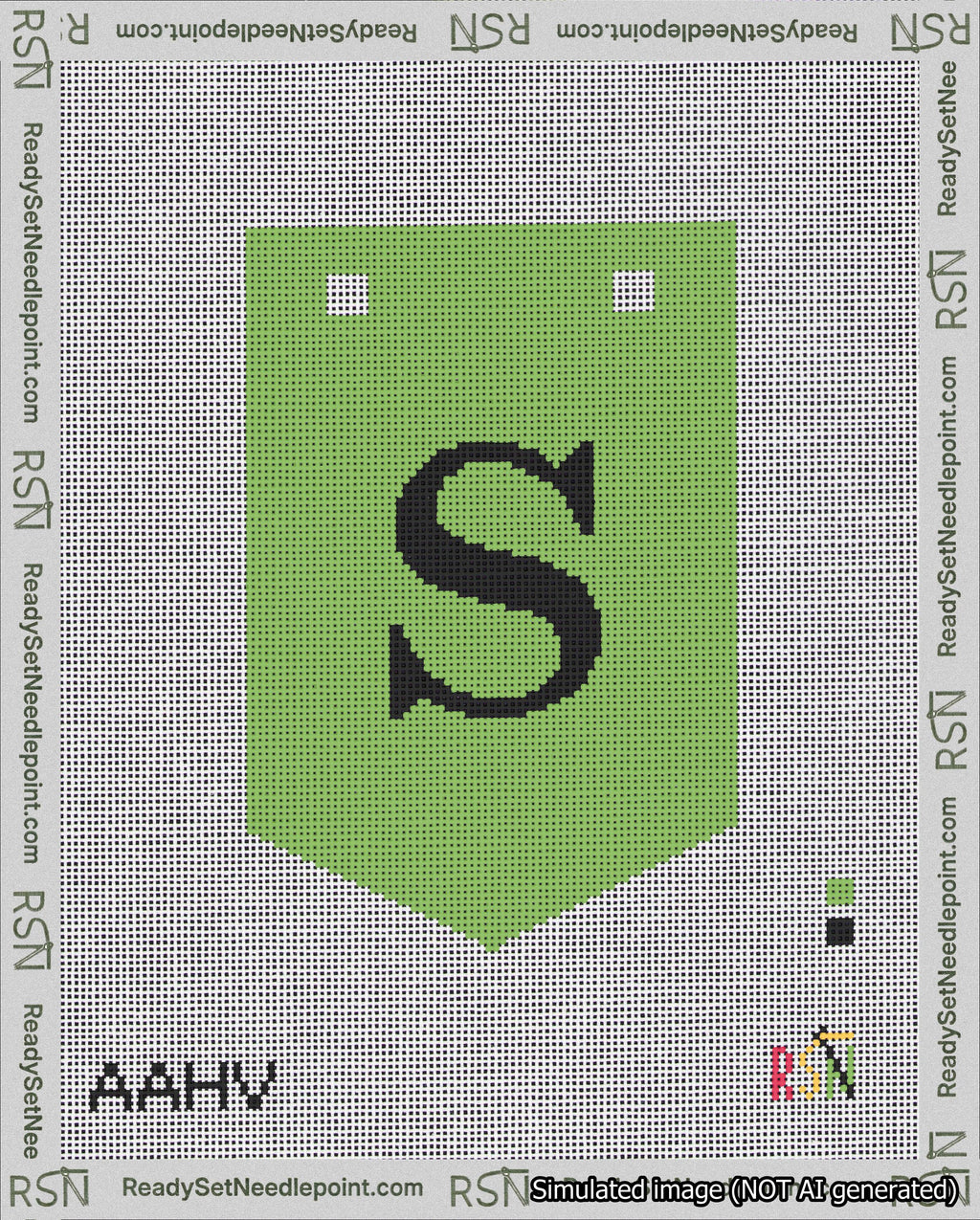 A taped needlepoint canvas with the design: Banner 18 mesh count Pointed S Black on Light Green.