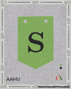 A taped needlepoint canvas with the design: Banner 18 mesh count Pointed S Black on Light Green.