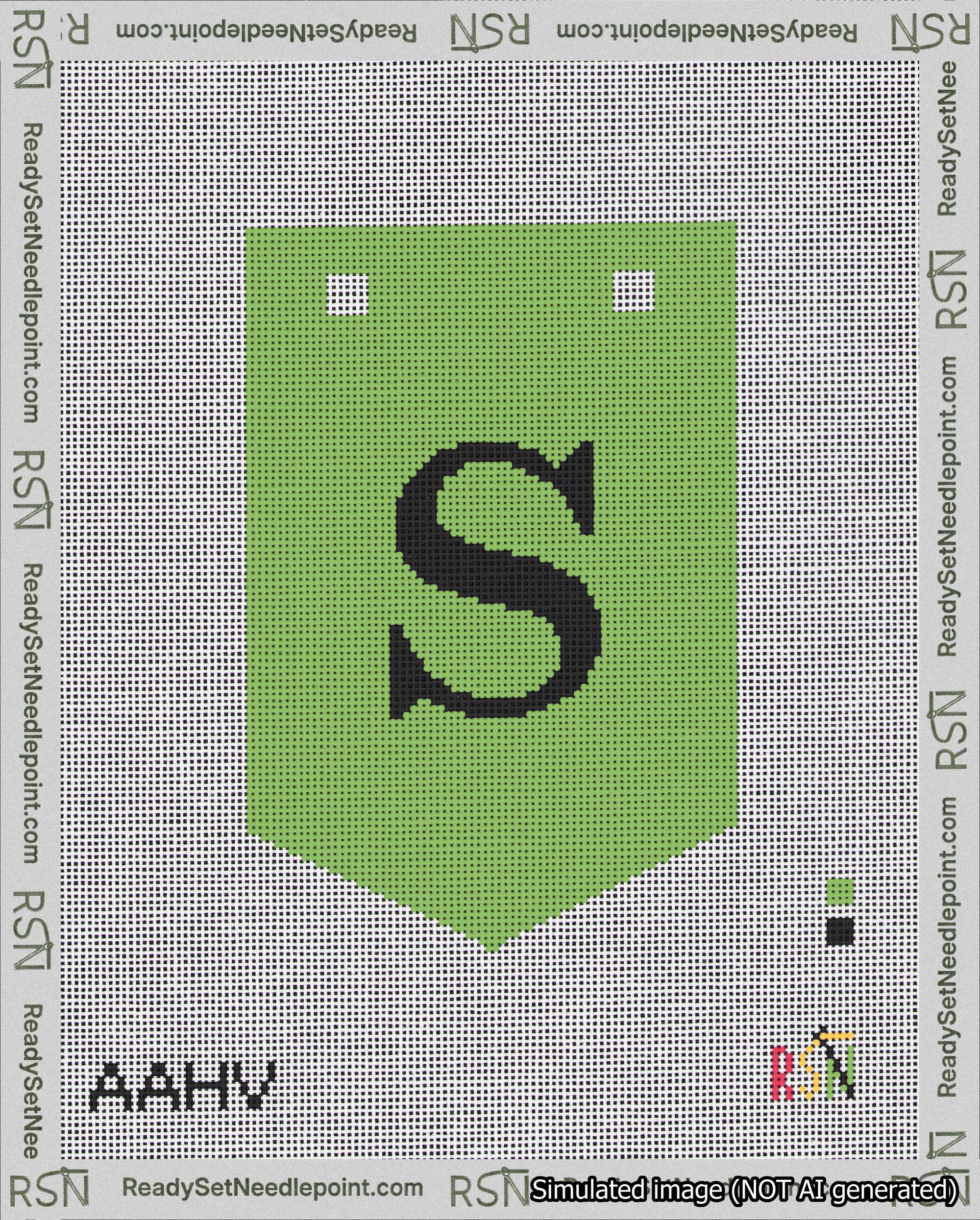 A taped needlepoint canvas with the design: Banner 18 mesh count Pointed S Black on Light Green.