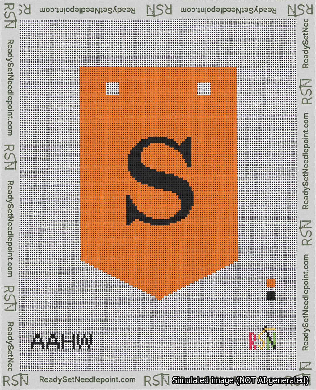 A taped needlepoint canvas with the design: Banner 18 mesh count Pointed S Black on Orange.