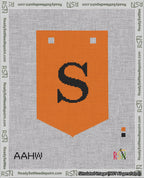 A taped needlepoint canvas with the design: Banner 18 mesh count Pointed S Black on Orange.