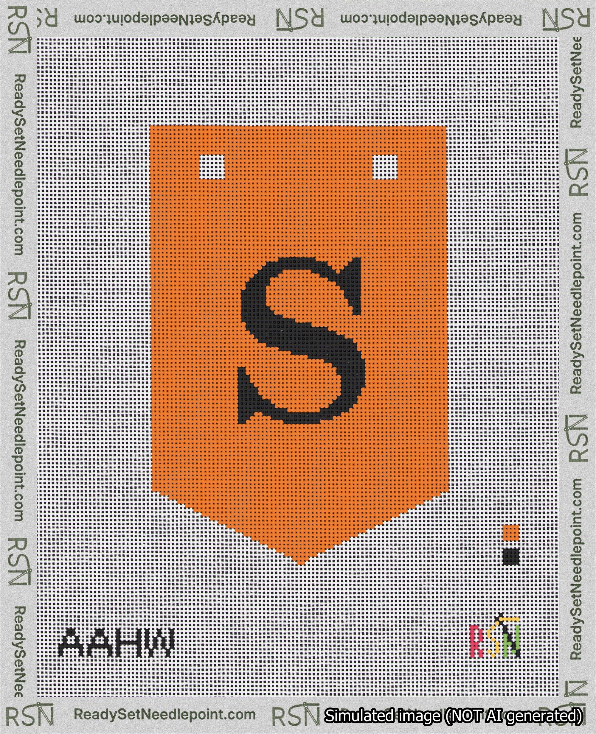 A taped needlepoint canvas with the design: Banner 18 mesh count Pointed S Black on Orange.