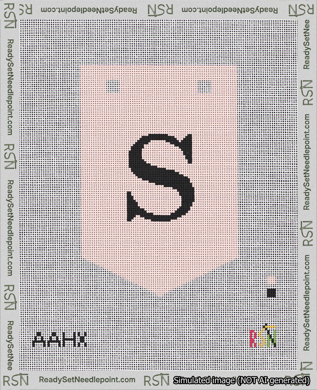A taped needlepoint canvas with the design: Banner 18 mesh count Pointed S Black on Pink.