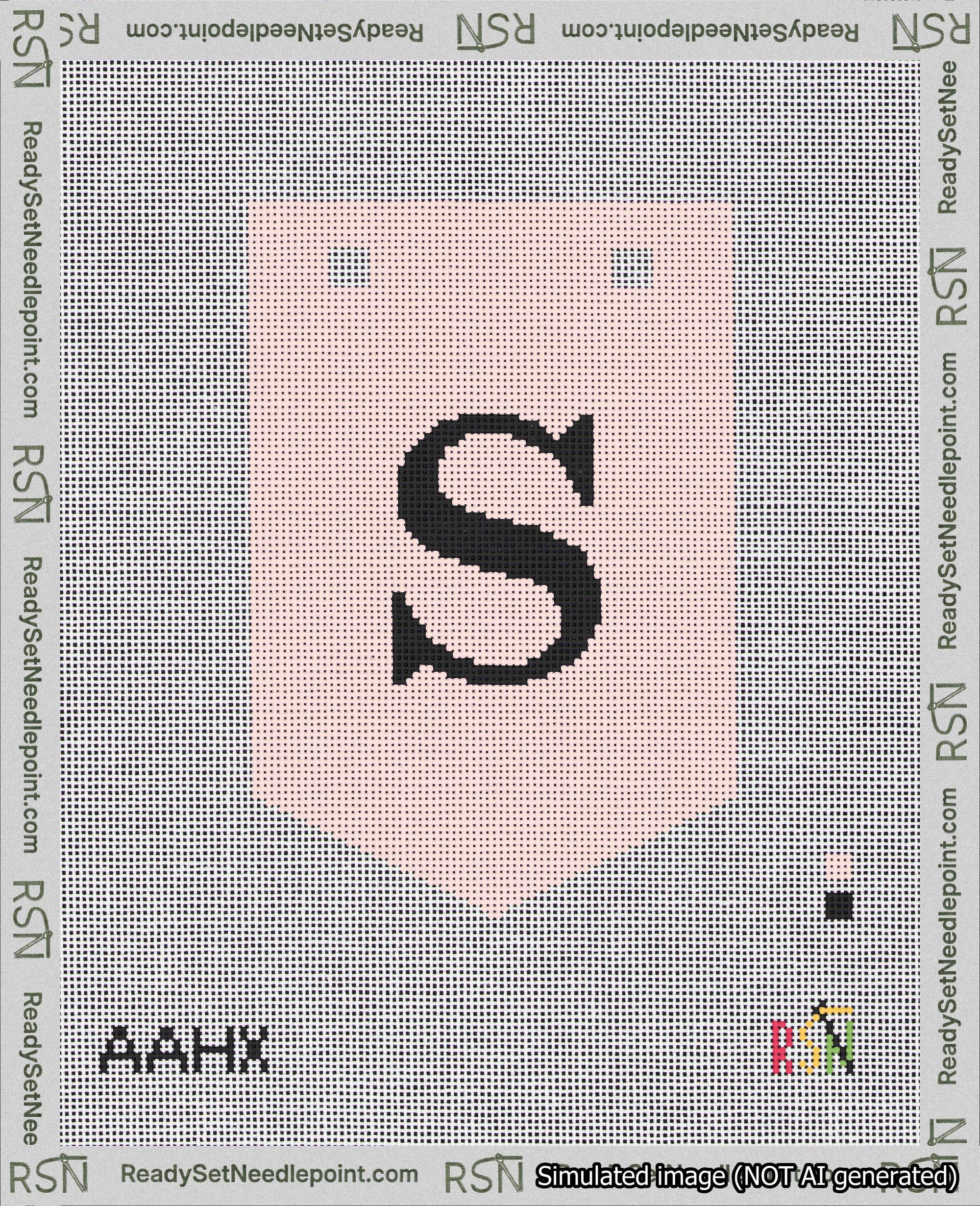 A taped needlepoint canvas with the design: Banner 18 mesh count Pointed S Black on Pink.