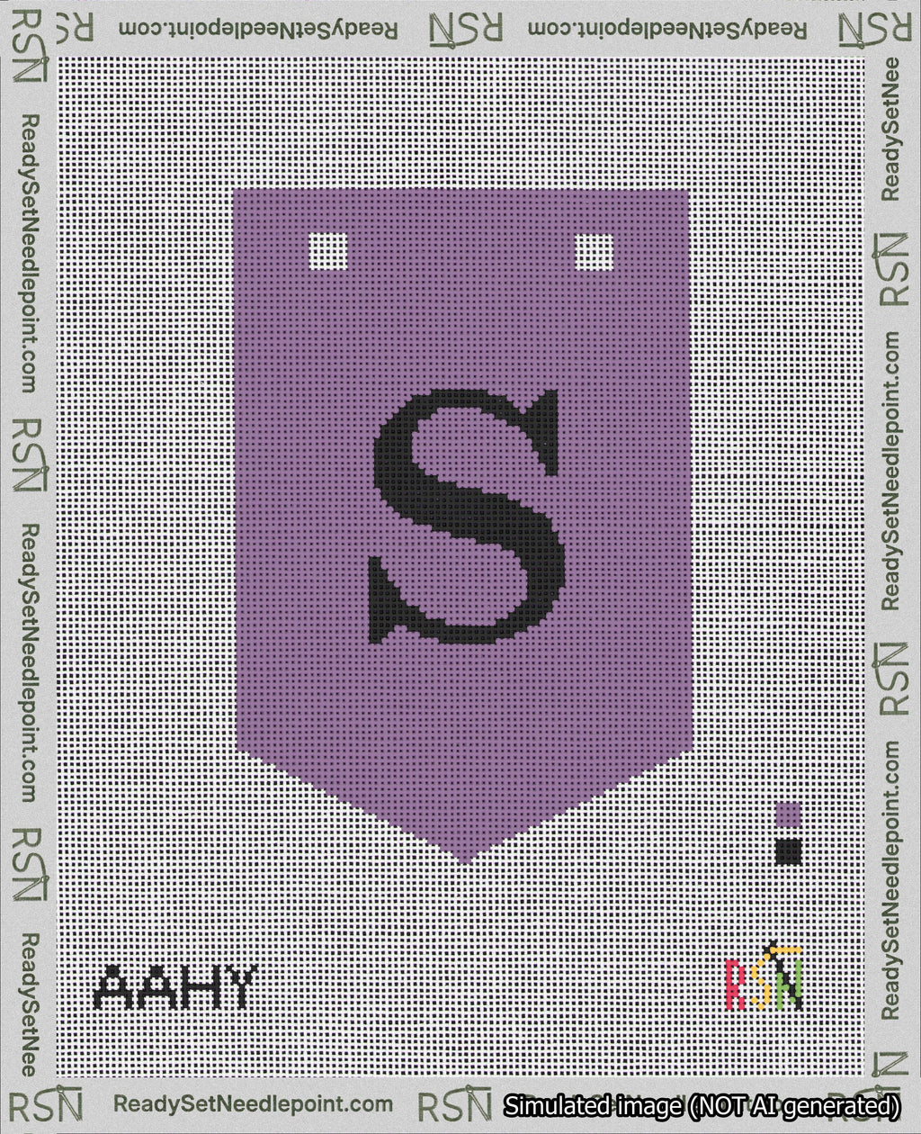 A taped needlepoint canvas with the design: Banner 18 mesh count Pointed S Black on Purple.