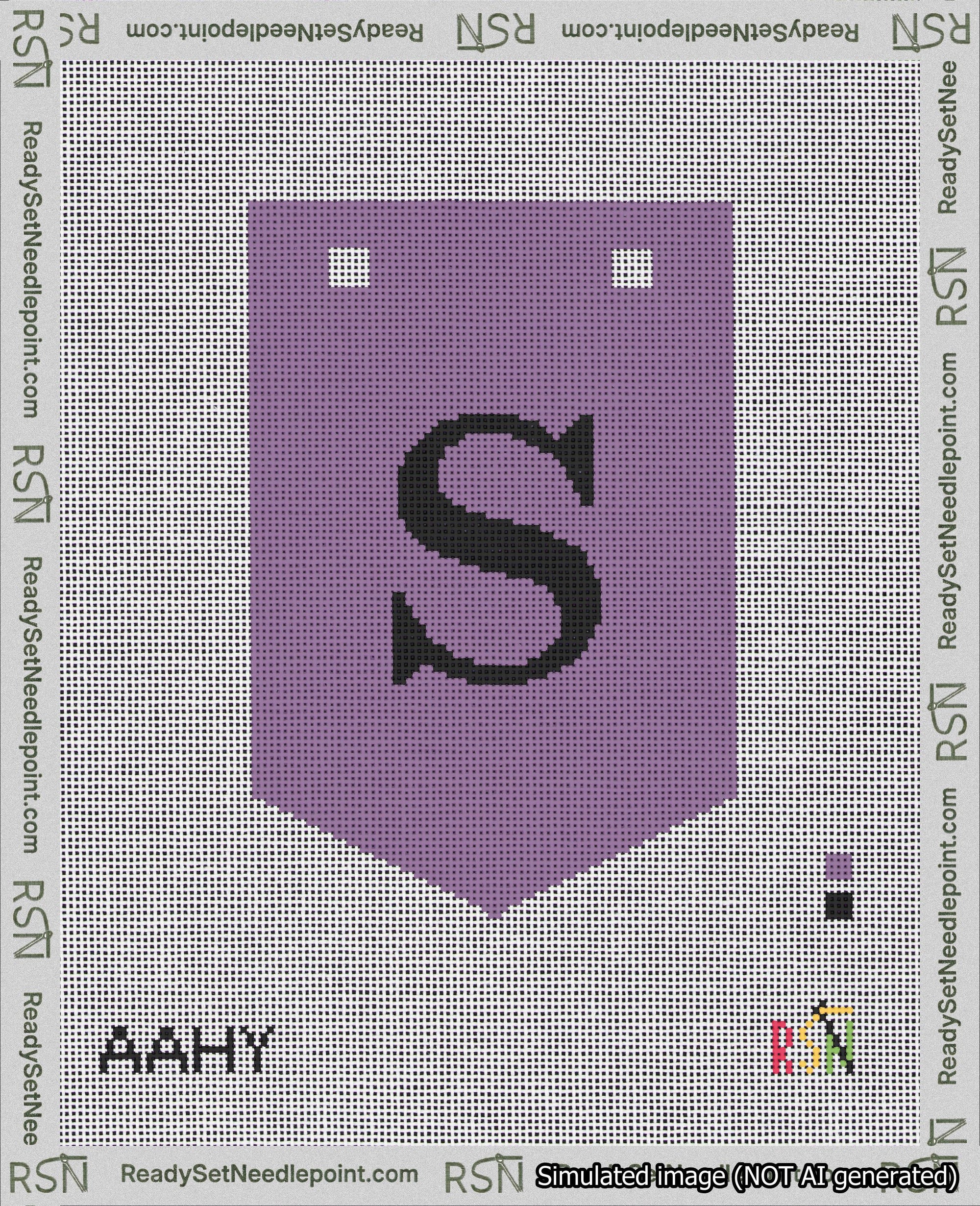 A taped needlepoint canvas with the design: Banner 18 mesh count Pointed S Black on Purple.