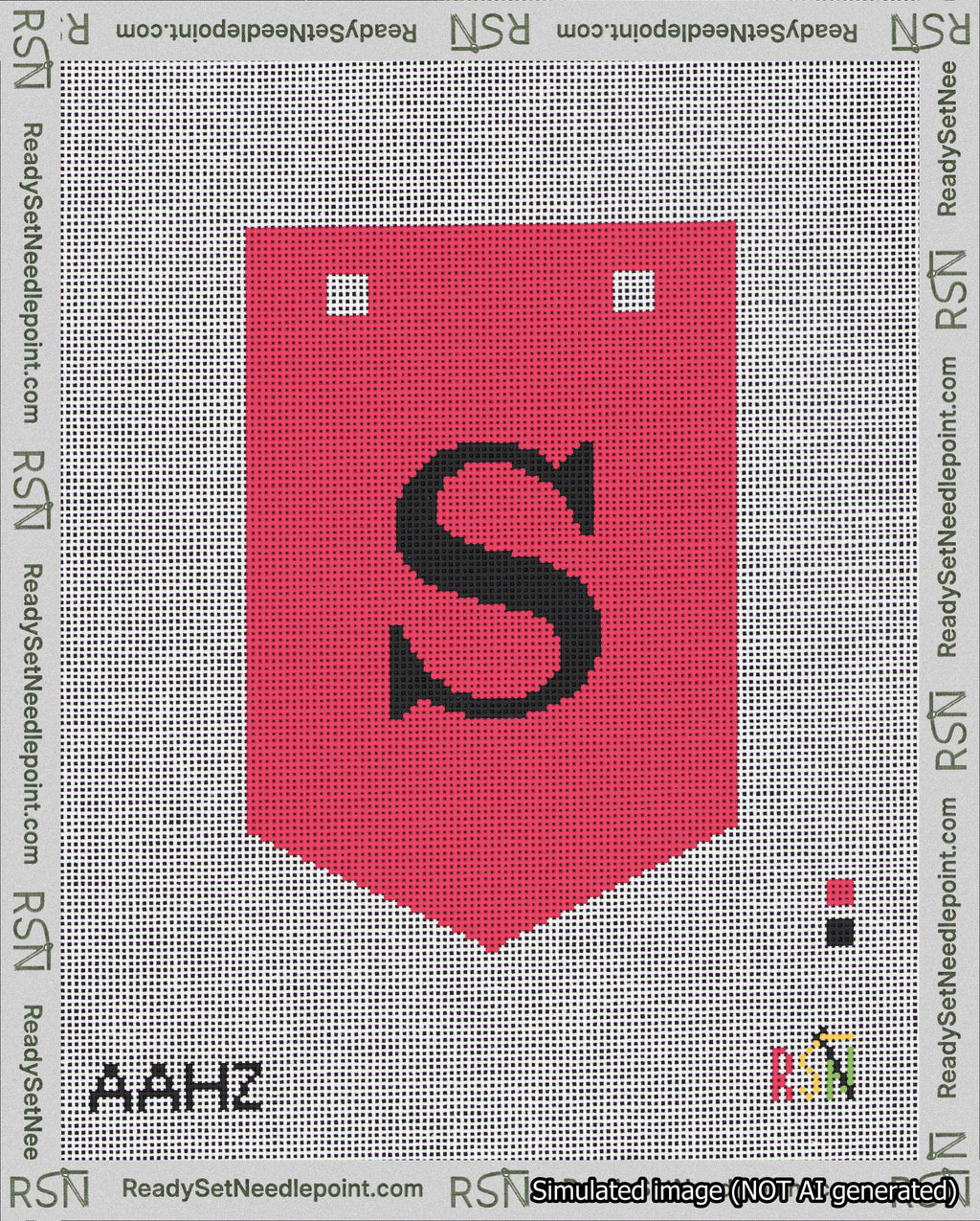 A taped needlepoint canvas with the design: Banner 18 mesh count Pointed S Black on Red.