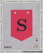 A taped needlepoint canvas with the design: Banner 18 mesh count Pointed S Black on Red.