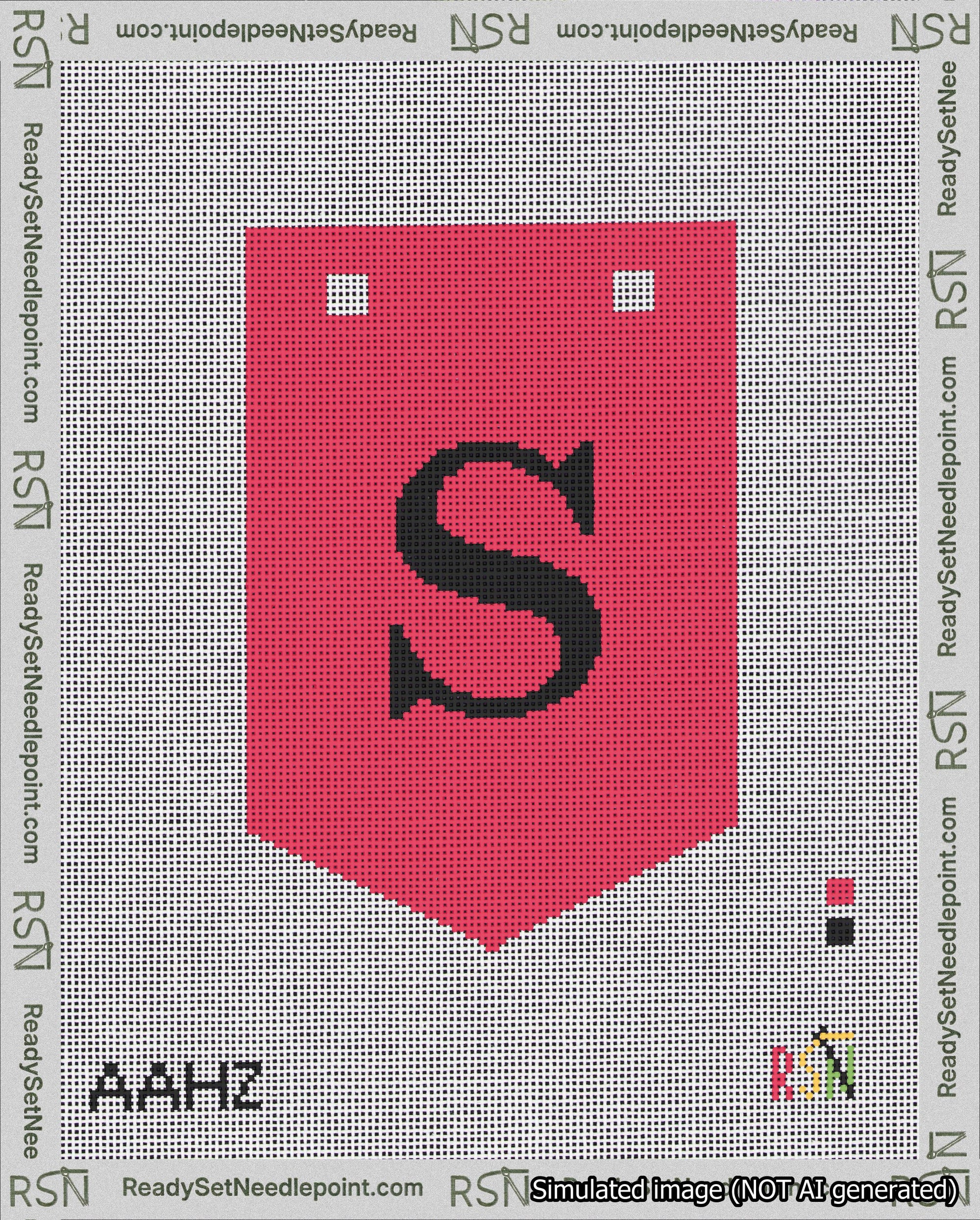A taped needlepoint canvas with the design: Banner 18 mesh count Pointed S Black on Red.