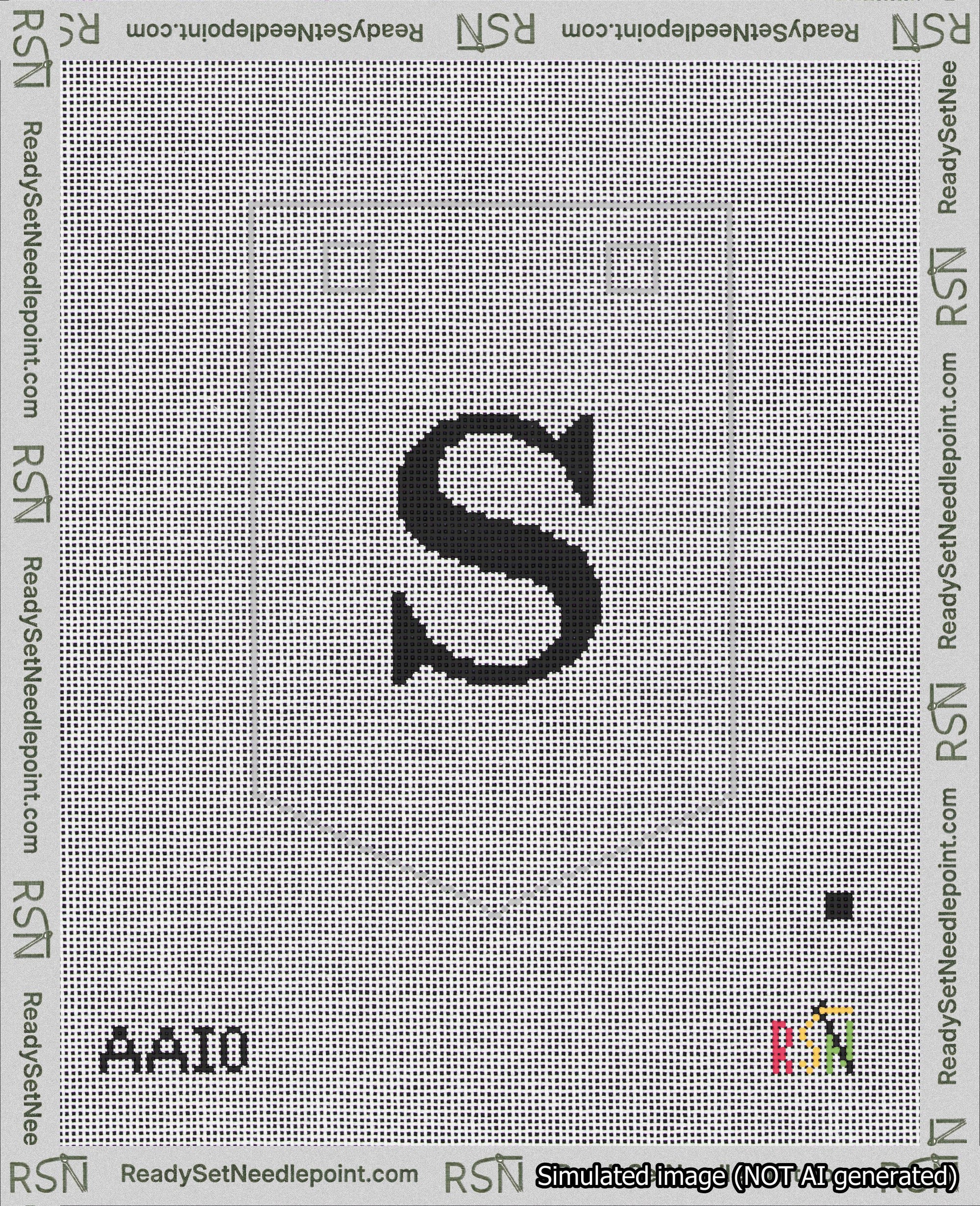 A taped needlepoint canvas with the design: Banner 18 mesh count Pointed S Black on White.