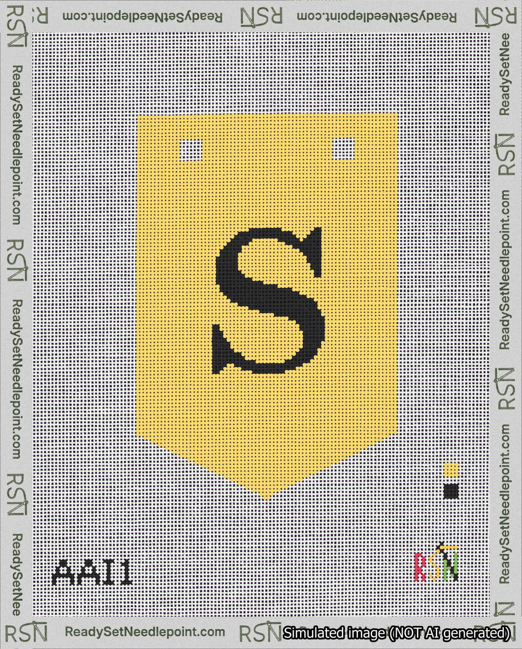 A taped needlepoint canvas with the design: Banner 18 mesh count Pointed S Black on Yellow.