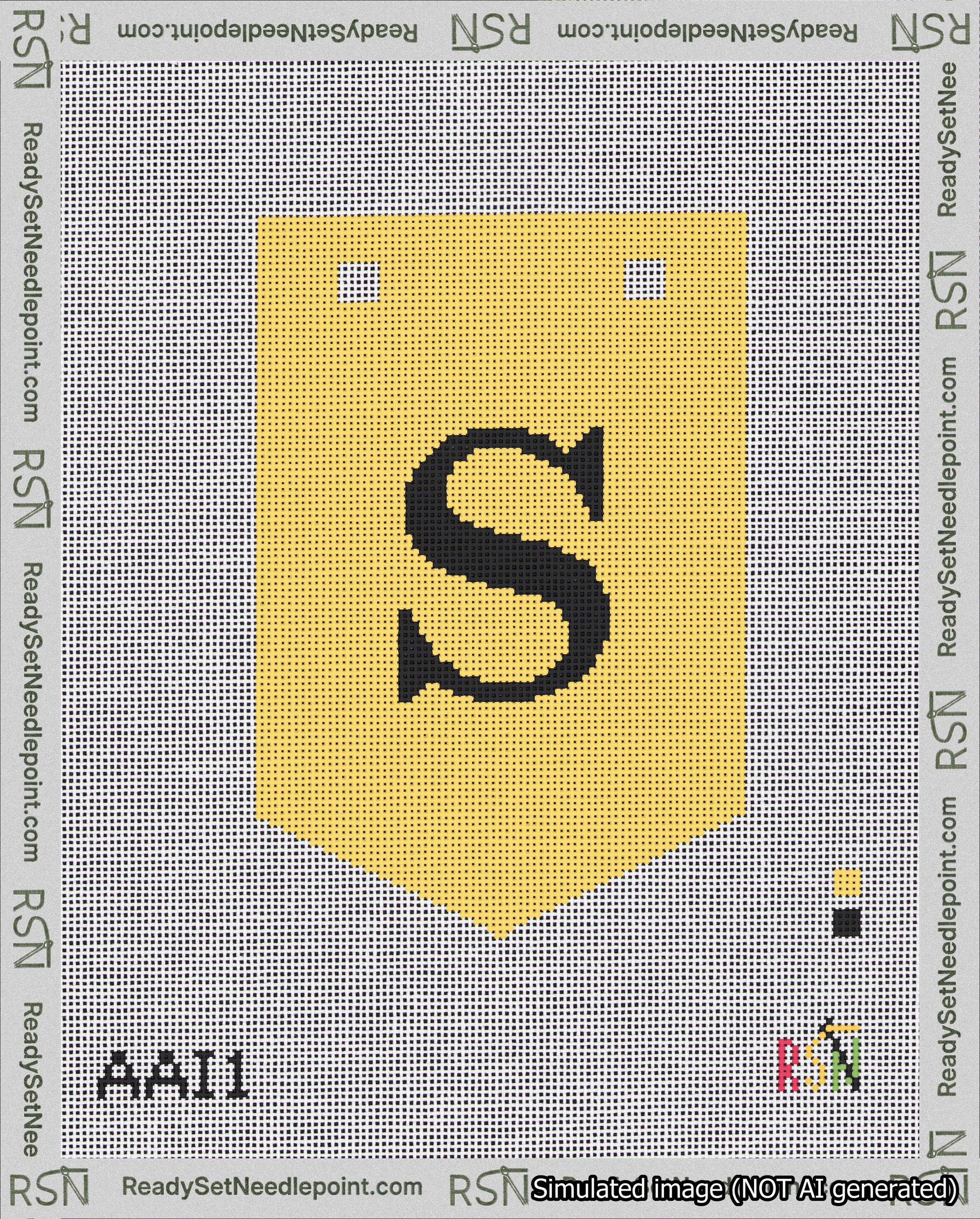 A taped needlepoint canvas with the design: Banner 18 mesh count Pointed S Black on Yellow.