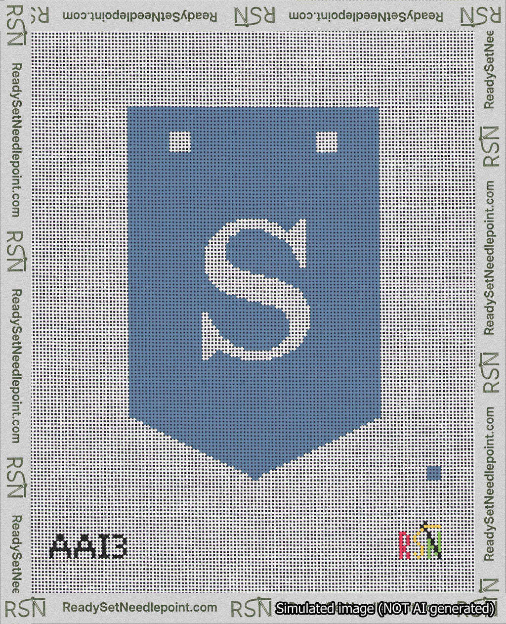 A taped needlepoint canvas with the design: Banner 18 mesh count Pointed S White on Blue.