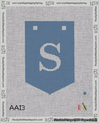 A taped needlepoint canvas with the design: Banner 18 mesh count Pointed S White on Blue.