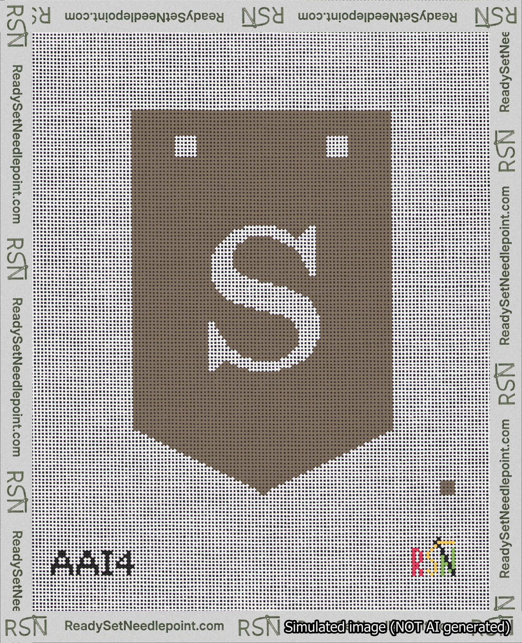 A taped needlepoint canvas with the design: Banner 18 mesh count Pointed S White on Brown.
