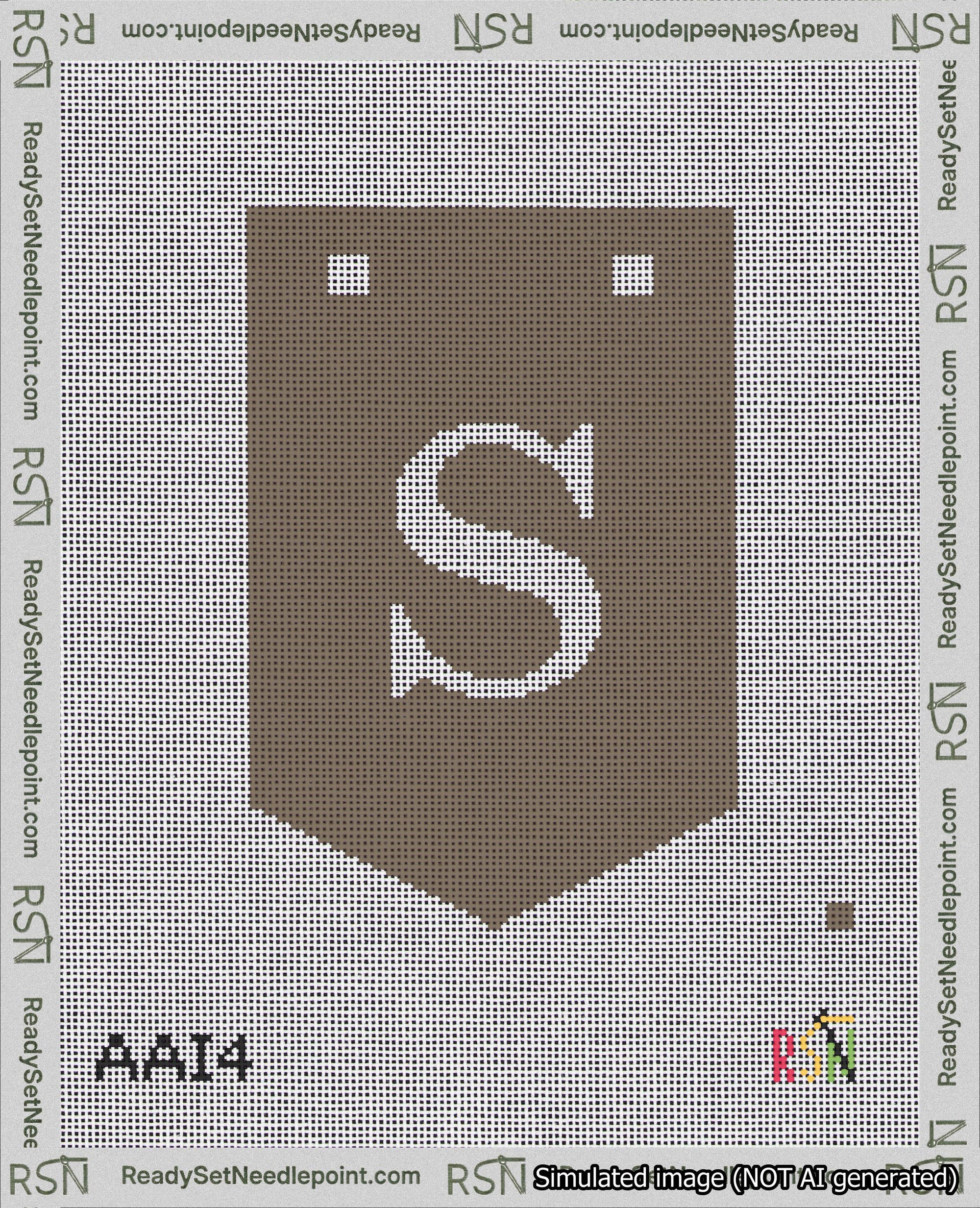 A taped needlepoint canvas with the design: Banner 18 mesh count Pointed S White on Brown.