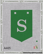 A taped needlepoint canvas with the design: Banner 18 mesh count Pointed S White on Green.