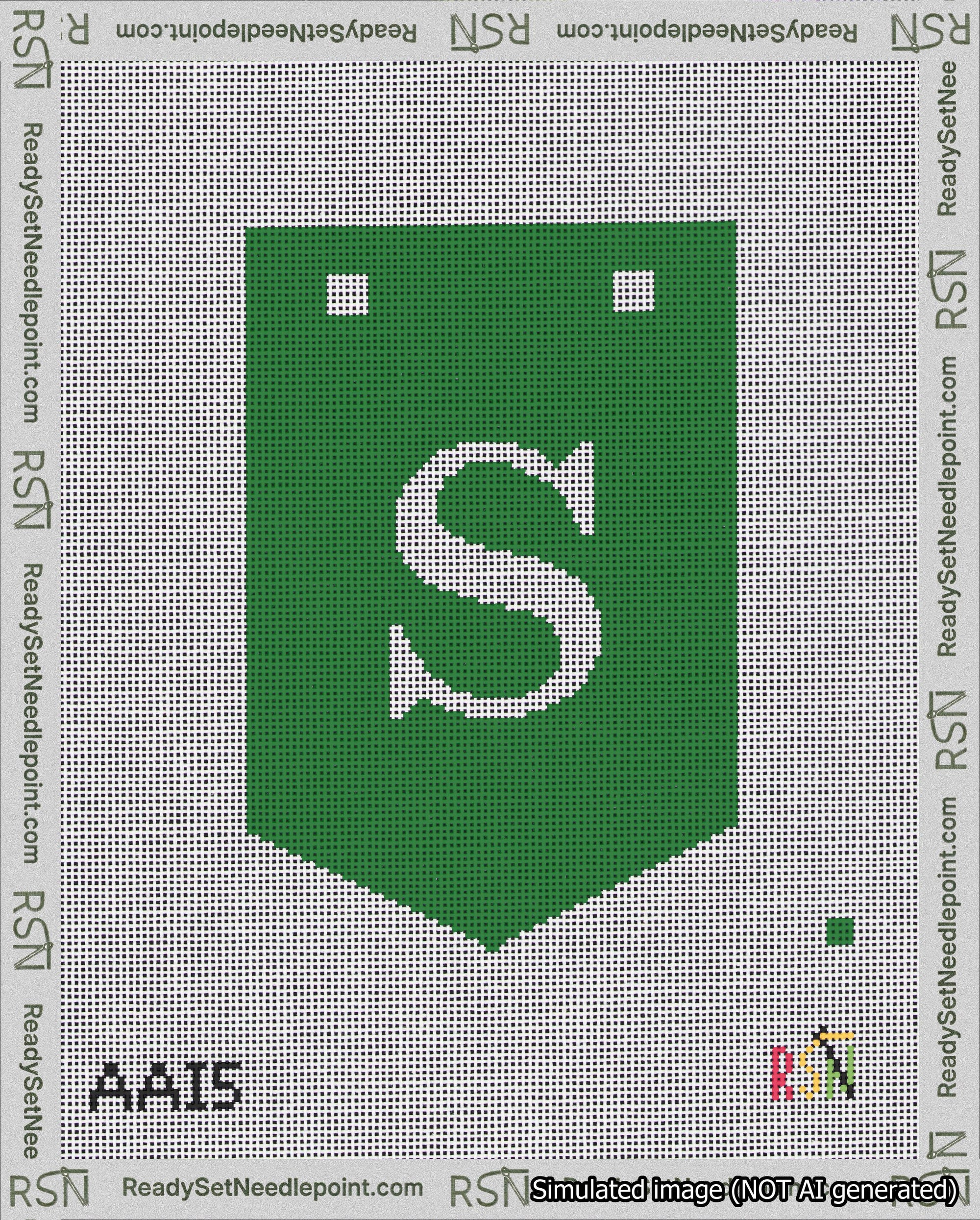 A taped needlepoint canvas with the design: Banner 18 mesh count Pointed S White on Green.