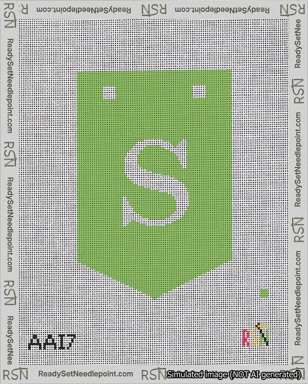 A taped needlepoint canvas with the design: Banner 18 mesh count Pointed S White on Light Green.