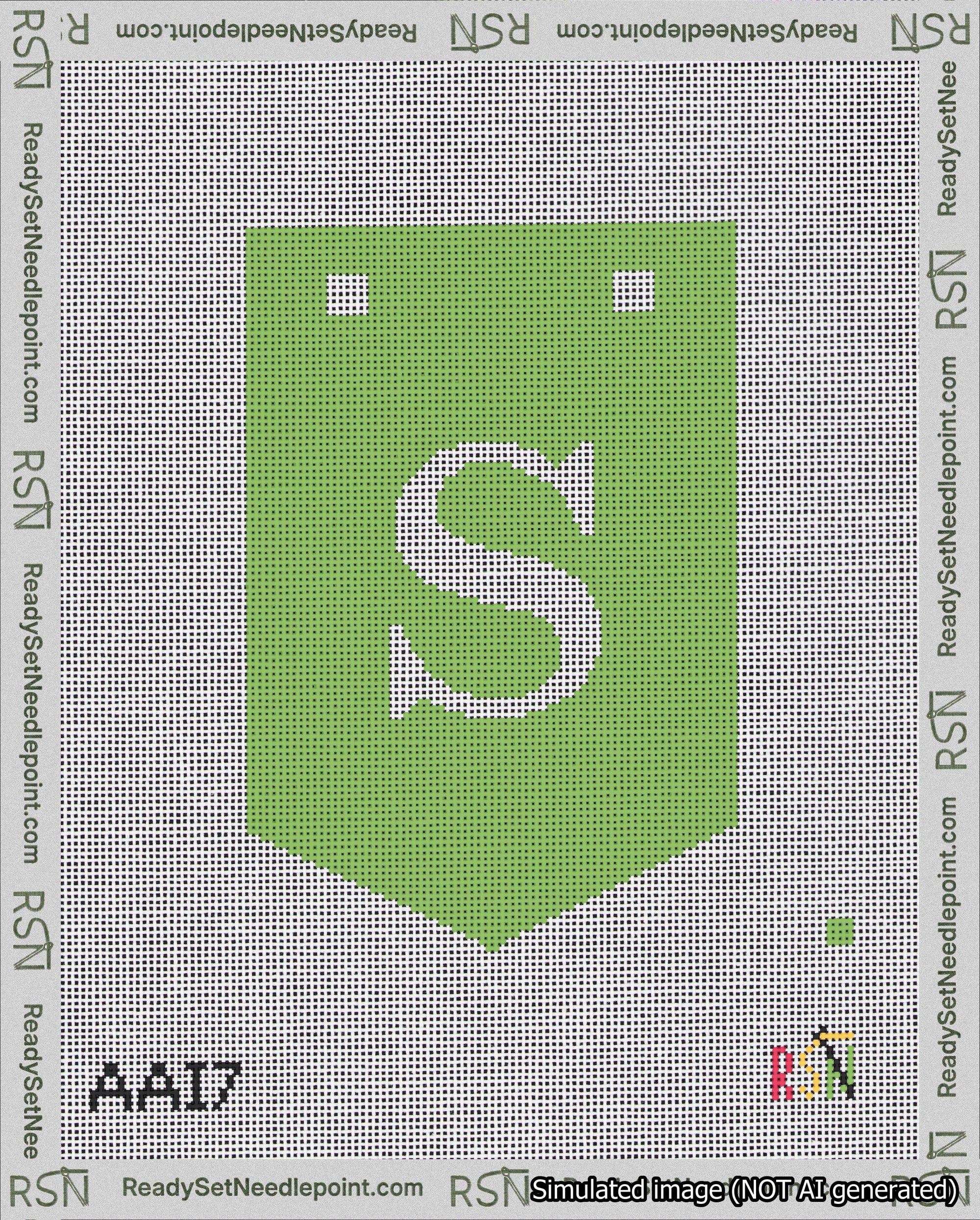 A taped needlepoint canvas with the design: Banner 18 mesh count Pointed S White on Light Green.