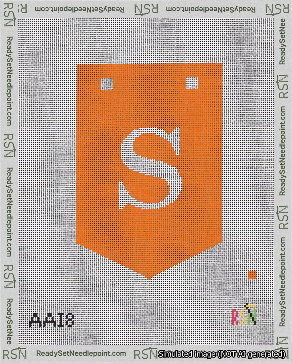 A taped needlepoint canvas with the design: Banner 18 mesh count Pointed S White on Orange.