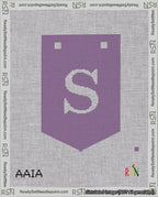 A taped needlepoint canvas with the design: Banner 18 mesh count Pointed S White on Purple.