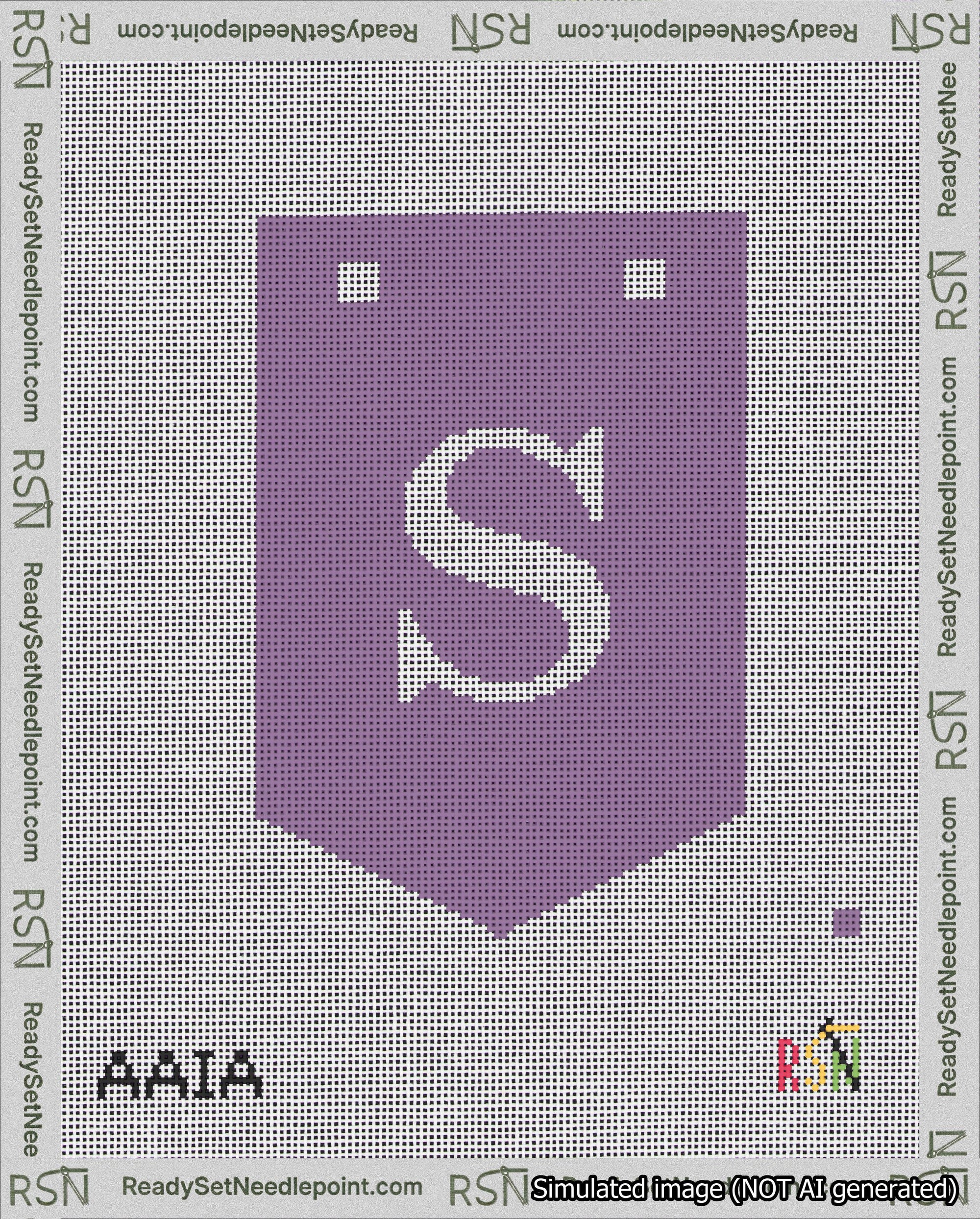 A taped needlepoint canvas with the design: Banner 18 mesh count Pointed S White on Purple.