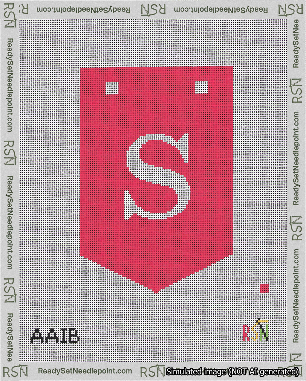A taped needlepoint canvas with the design: Banner 18 mesh count Pointed S White on Red.
