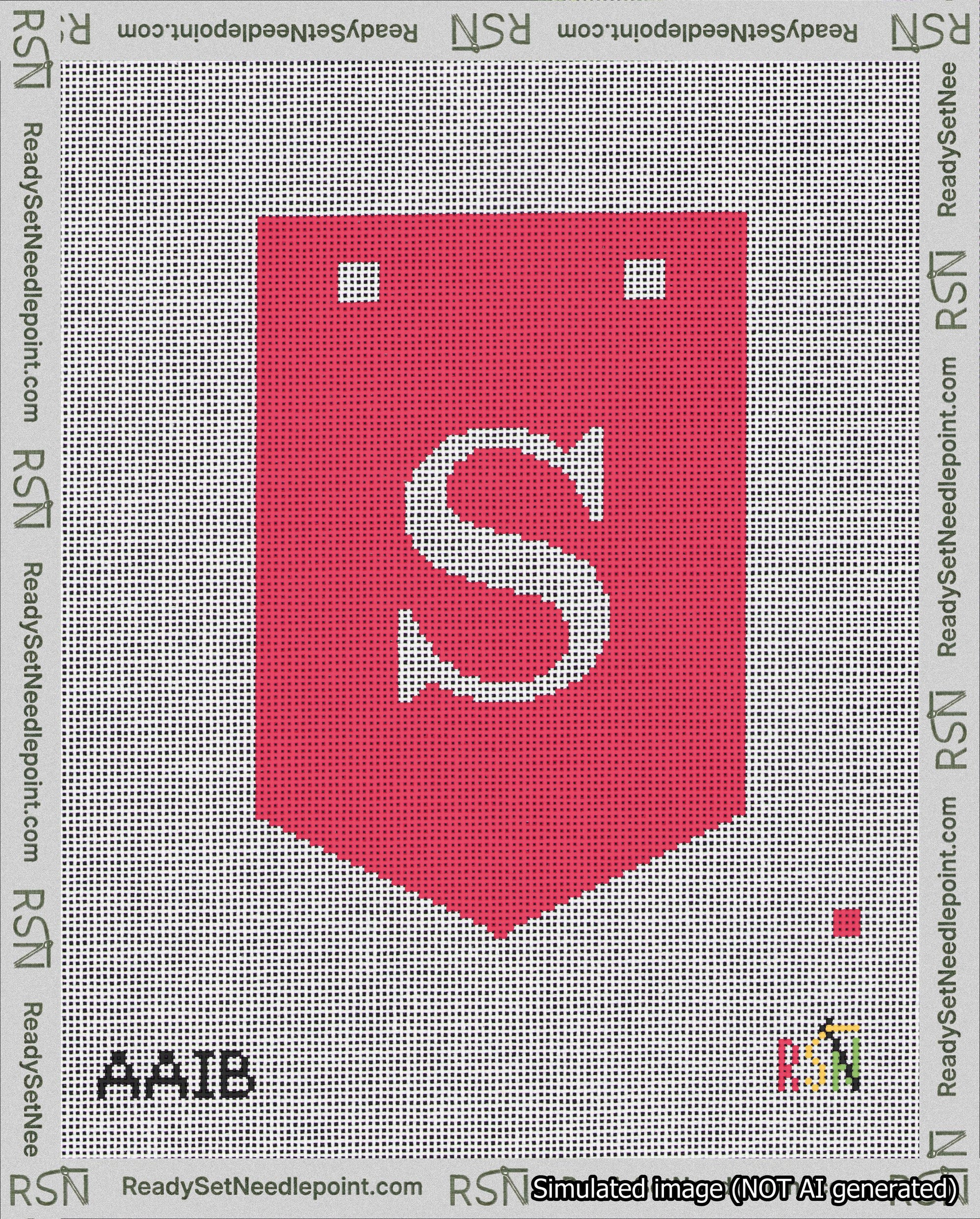 A taped needlepoint canvas with the design: Banner 18 mesh count Pointed S White on Red.